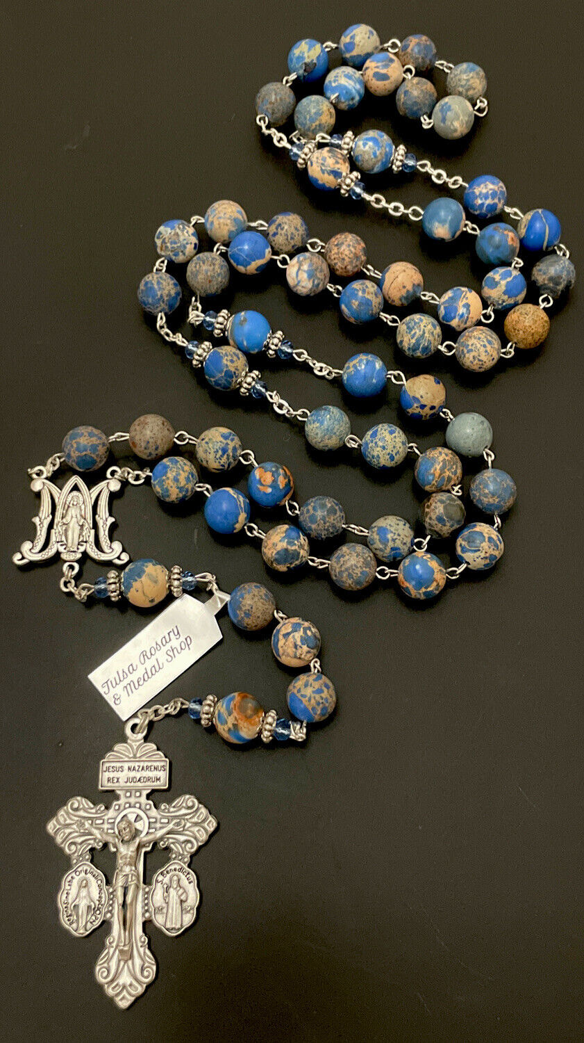 Semi Precious Blue Imperial Jasper 10mm Stone 28” Rosary, Pardon Crucifix W Tag