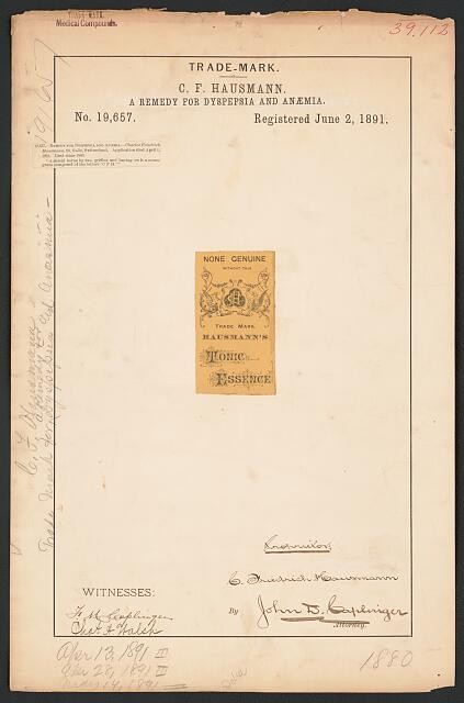 C F Hausmann Trademark 1891 Hausmann's Tonic Essence Dyspepsia Anaemia