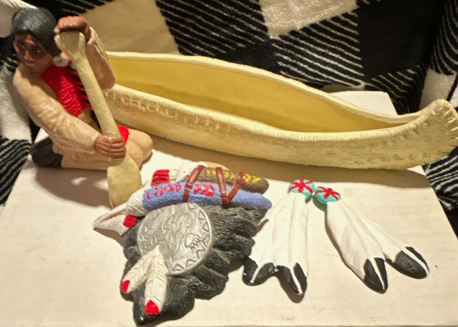 1992 Native American Canoe Figurine Set Resin Hand Painted
