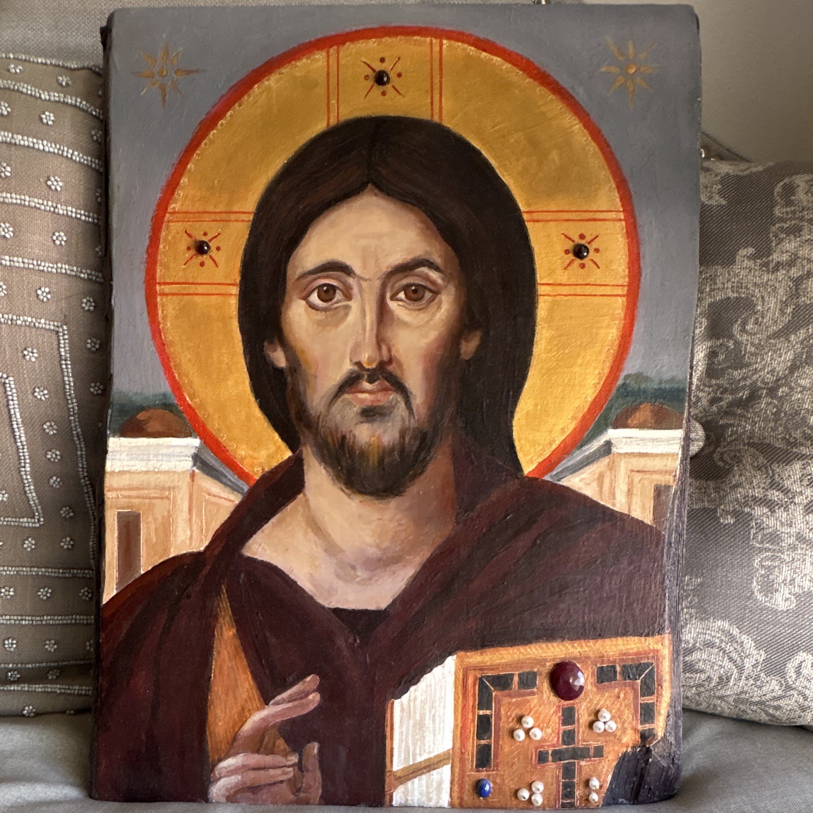 Encaustic Christ Pontacretor Replica Doble Sided Hand Painted Extremely Rare.