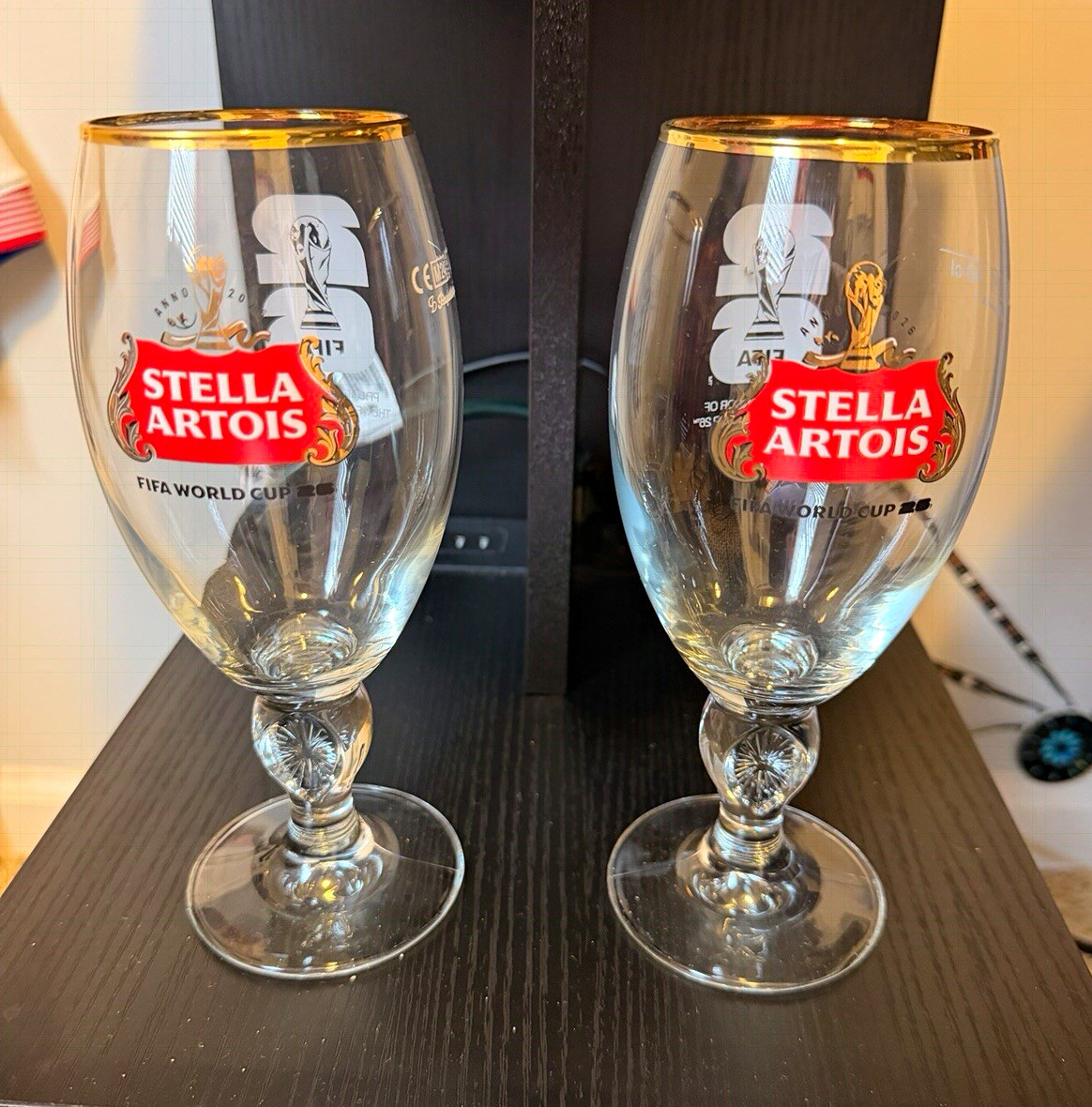 Stella Artois FIFA World Cup Chalice Beer Glasses Gold Rim Set of 2
