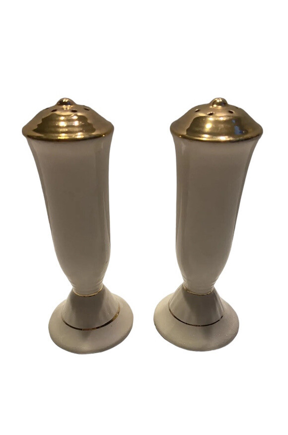  Vintage Salt Pepper Shakers Kass Lusterware Porcelain Gold Trim White USA