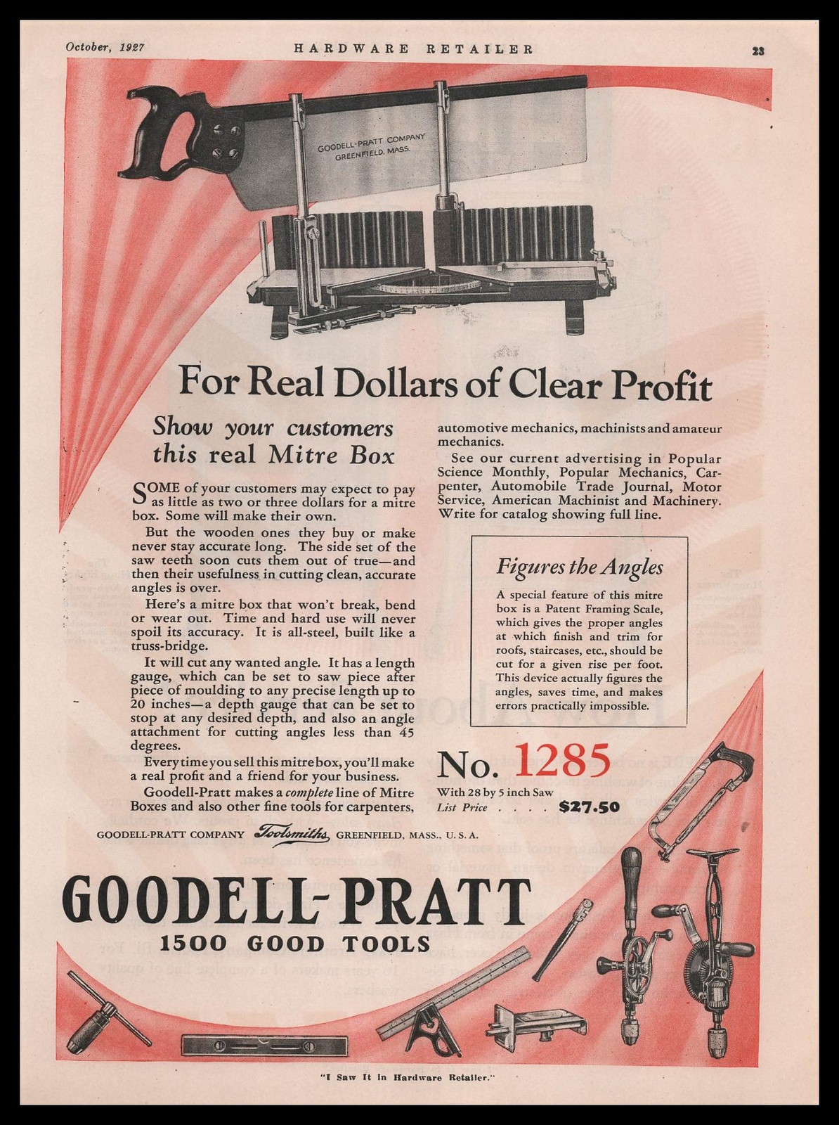 1927 Goodell Pratt Mitre Box No. 1285 With 28x5 Inch Saw $27.50 Vintage Print Ad