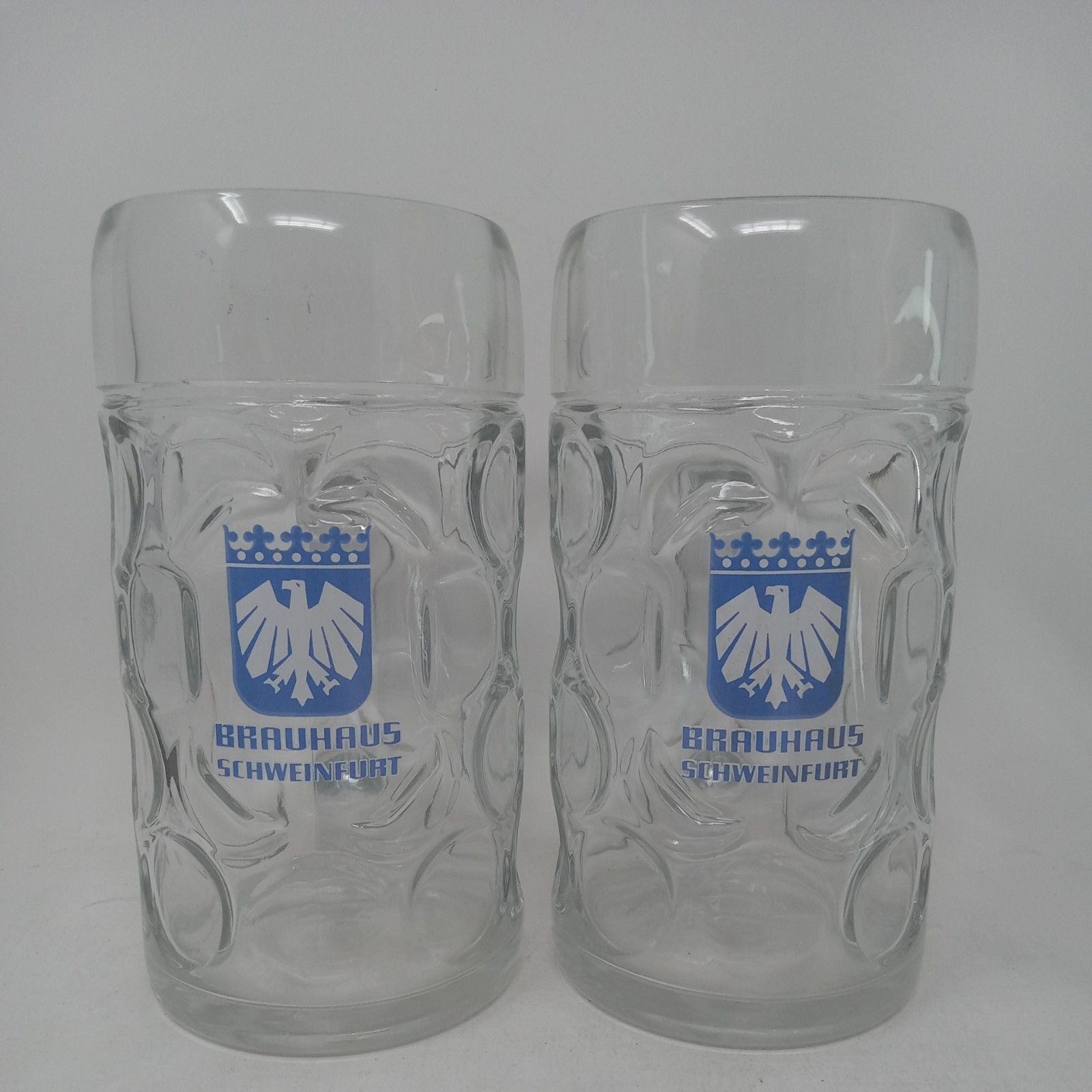 Brauhaus SCHWEINFURT 1 L (2) Glass Thumbprint Dimpled Beer Mugs Germany~ST414