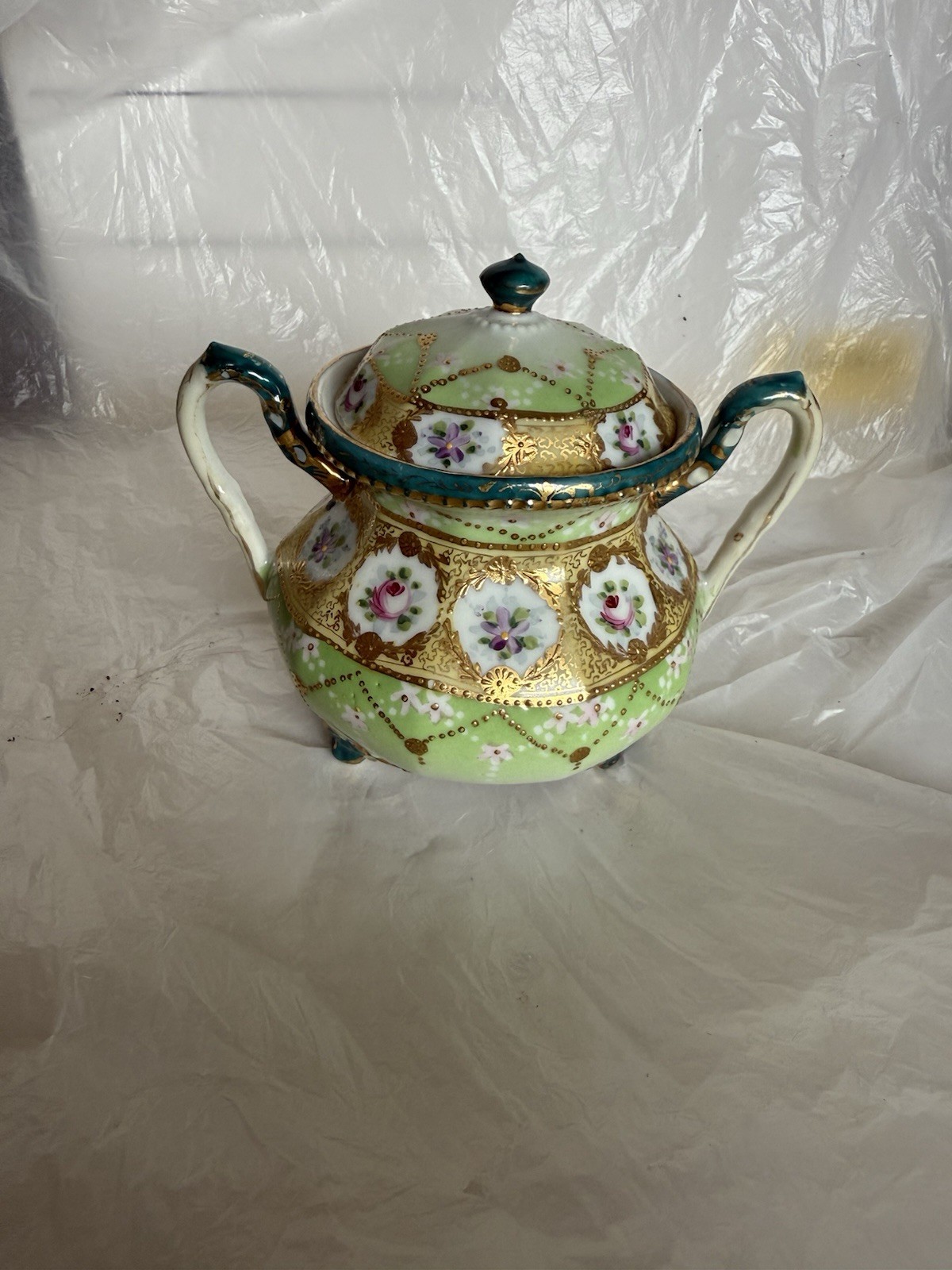 Antique Unmarked Nippon Large Sugar Bowl Hand Painted Flowers Pink Gold Antique Unmarked Nippon Large Sugar Bowl Hand Painted Flowers Pink Gold
