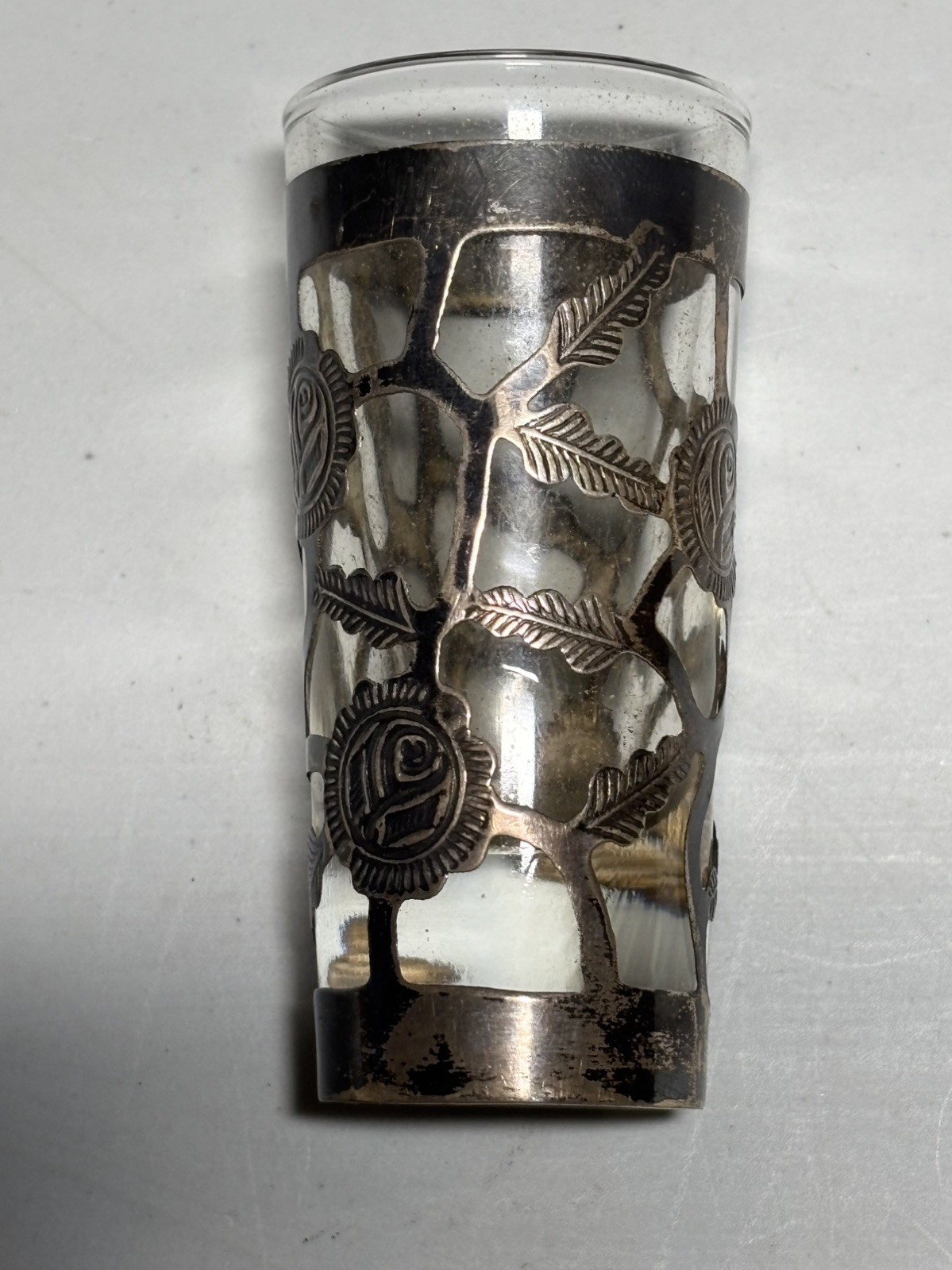 Vtg 925 STERLING SILVER Overlay ROSE Motif SHOT GLASS Made in Mexico 