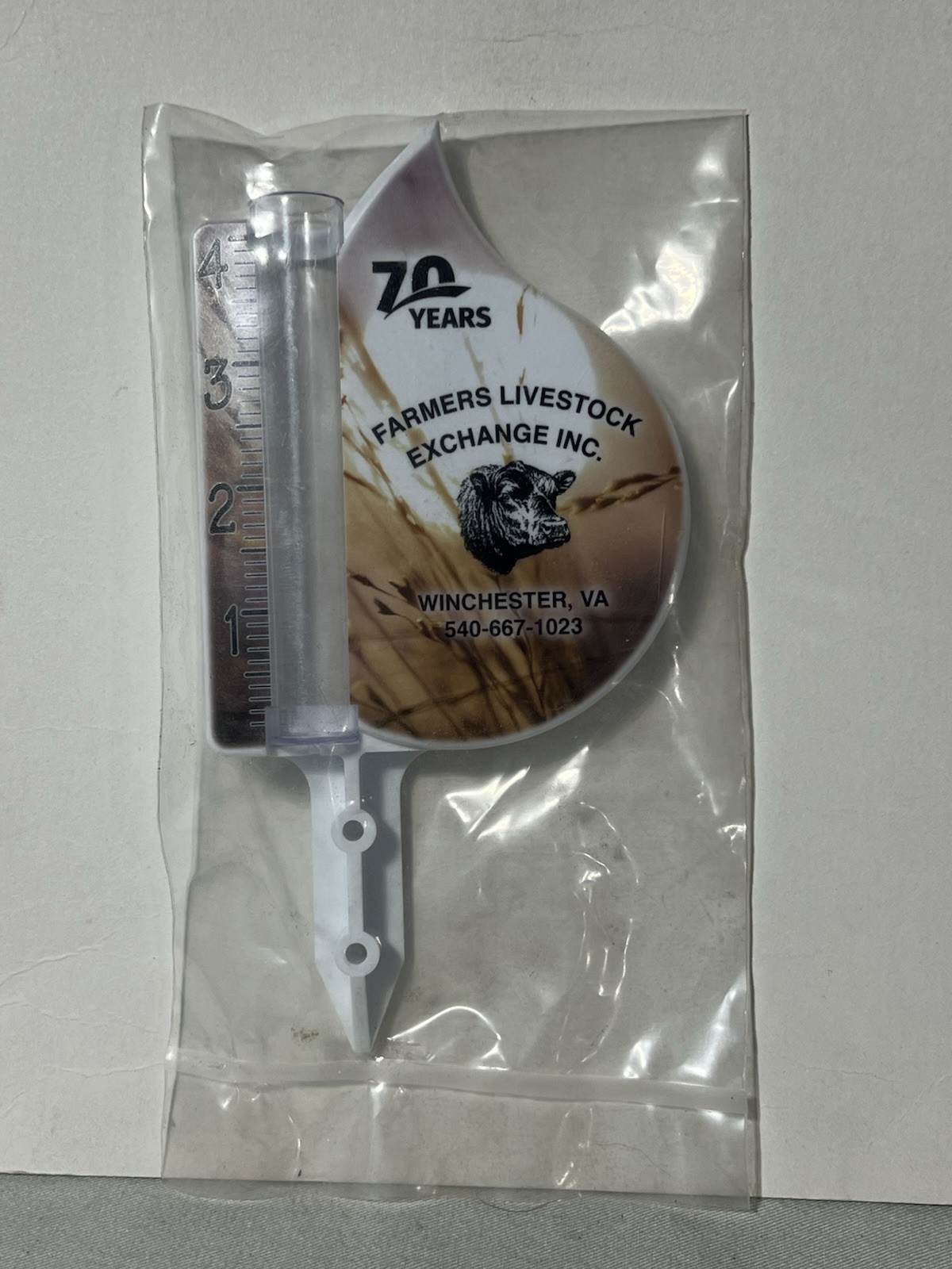 New Old Stock Farmers Livestock Exchange 70th Anniv. Rain Gauge In Sealed Bag