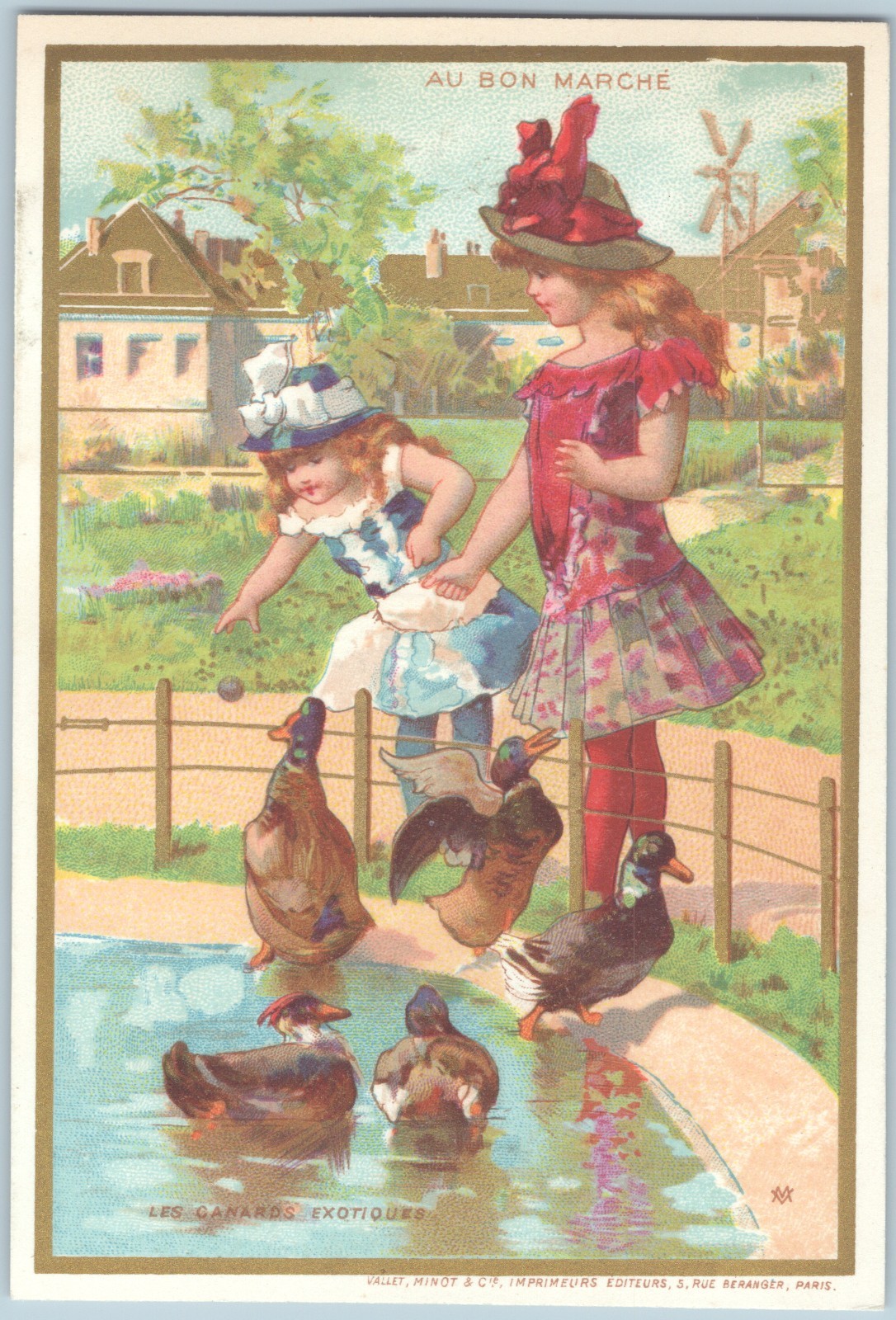 Lrg French Victorian Trade Card AU BON MARCHE DRESSY GIRLS VISIT DUCKS AT ZOO