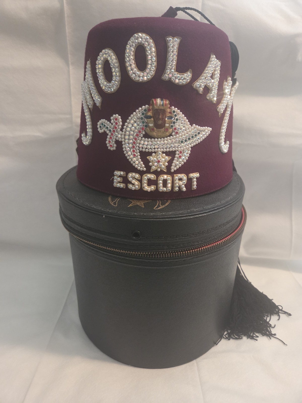 RARE Vintage Masonic Jeweled MOOLAH Embellished Tasseled Fez w/ Black Case