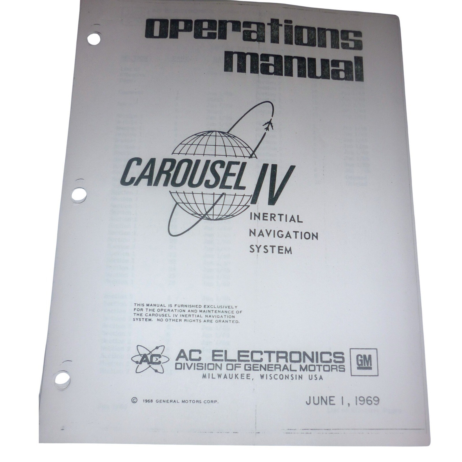 Vintage 1969 AC Electronics GM Carousel IV Inertial Navigation Operations Manual