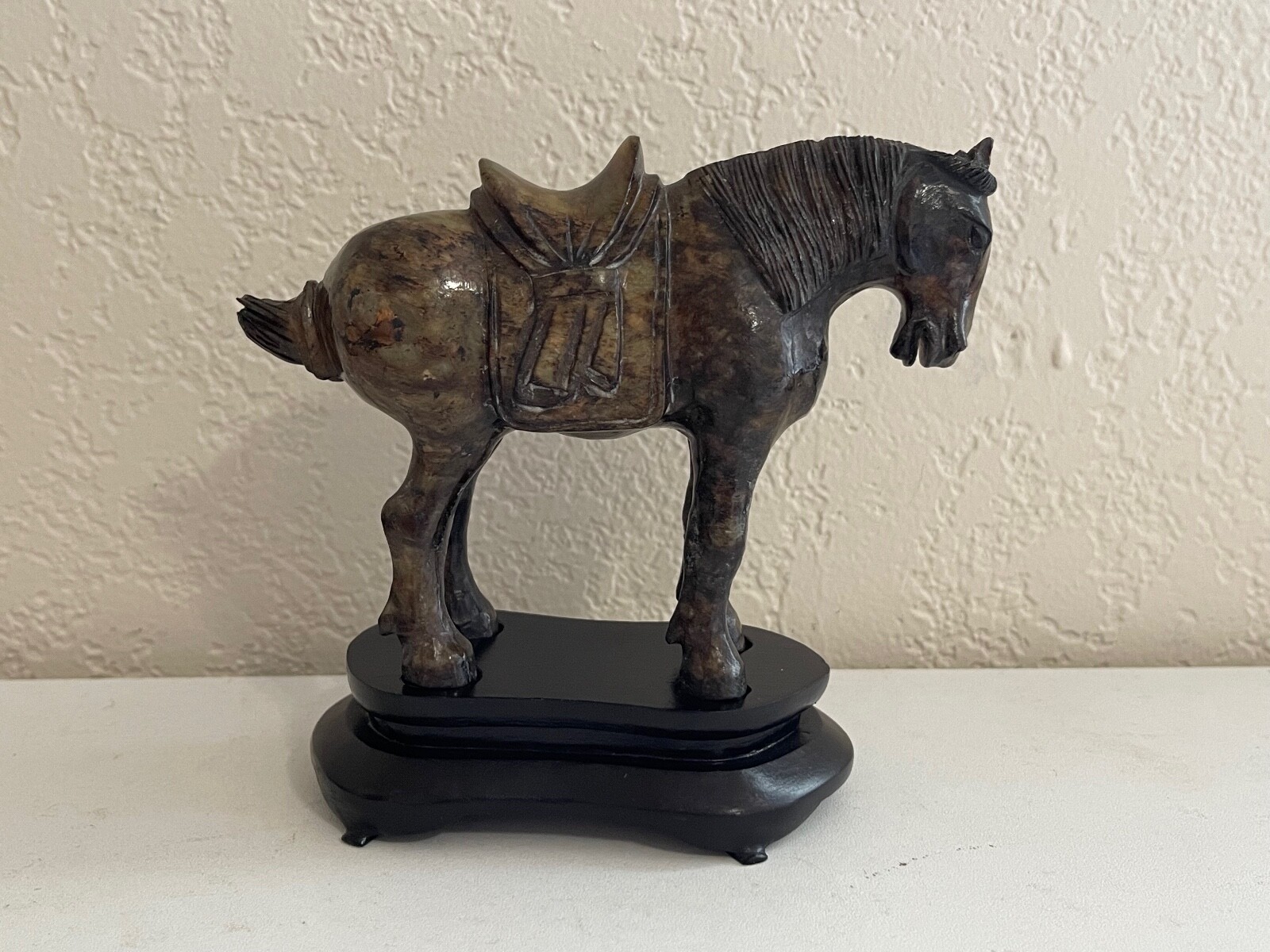Chinese Hardstone Carving Ming Style Horse Figurine on Wood Stand