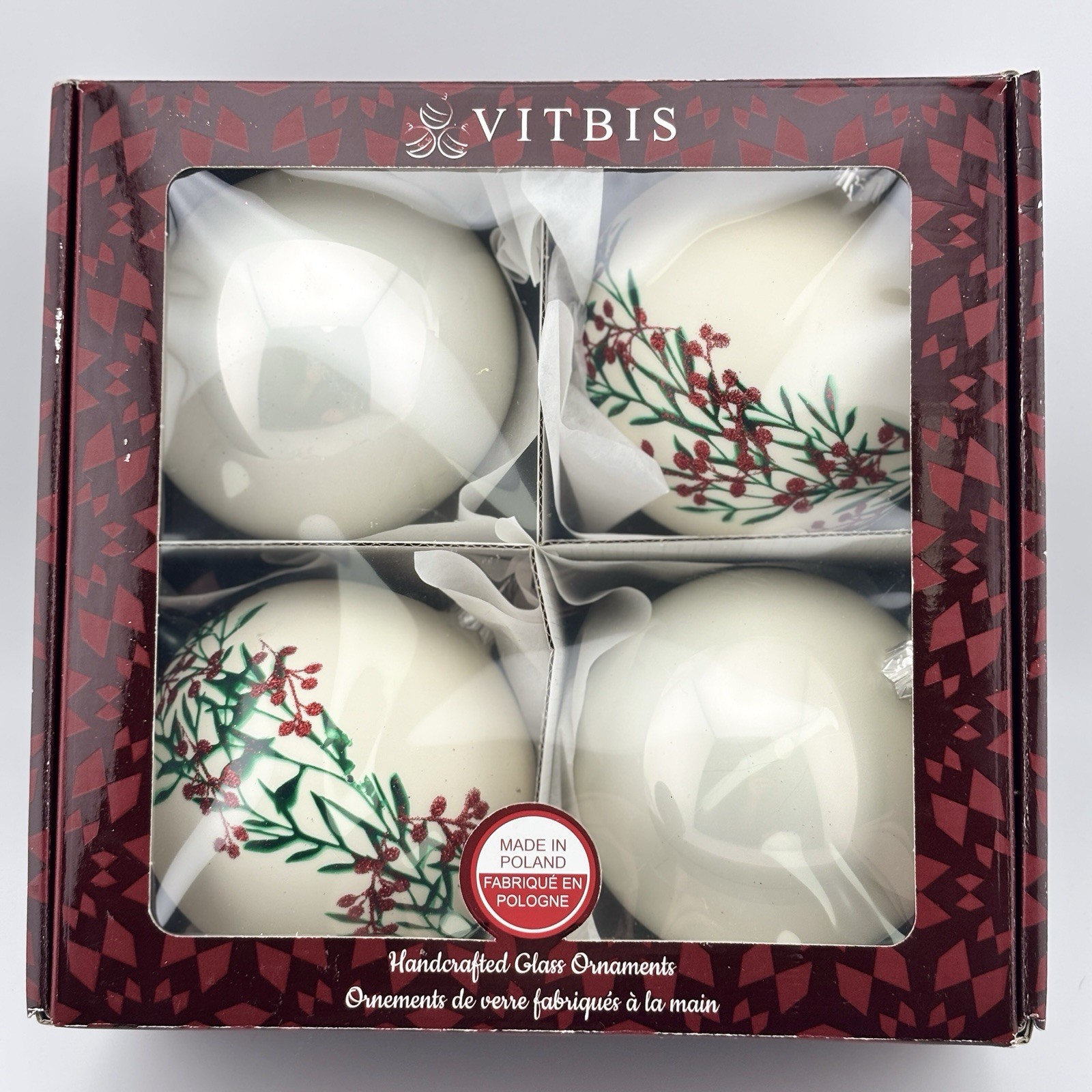 Vitbis Poland Glass Christmas Ornaments White Holly Berry Glitter Green Red 3.5”
