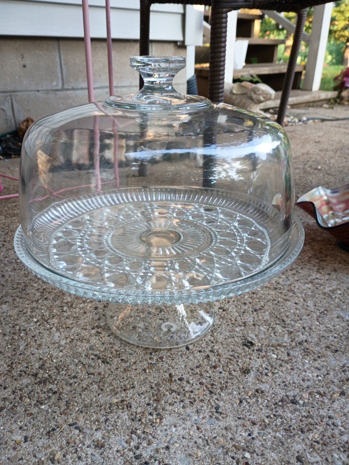 Vintage Anchor Hocking Wexford Clear Glass Pedestal Cake Stand Dome Cloche Lid 