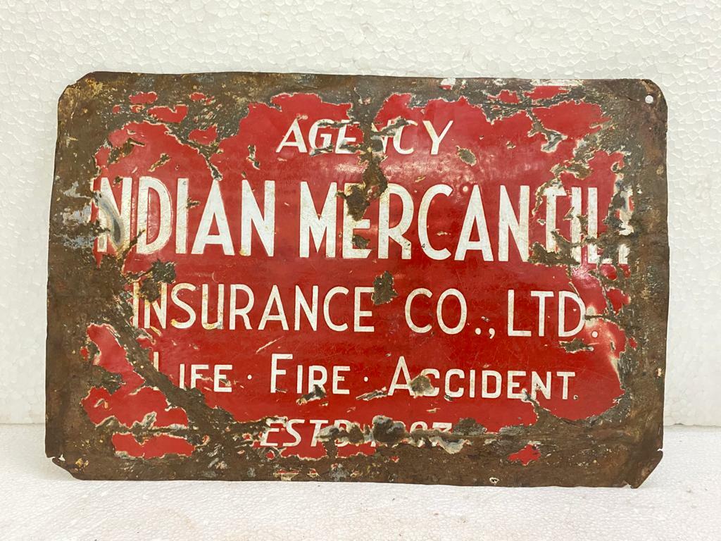 VINTAGE INDIAN MERCANTILE INSURANCE CO. LTD PORCELAIN ENAMEL ADV. SIGN BOARD