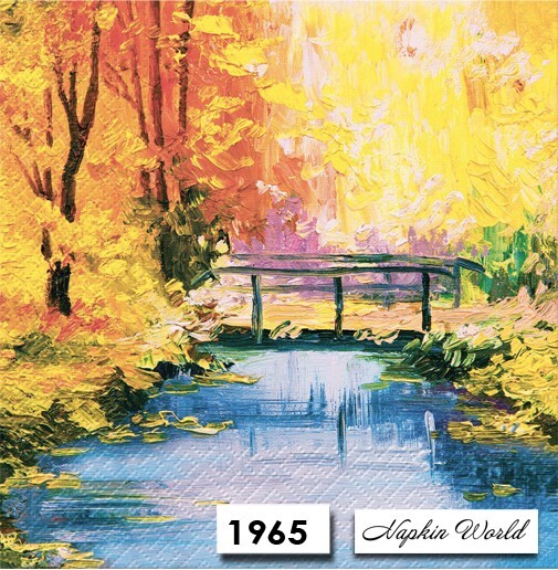 (1965) TWO Paper LUNCHEON Decoupage Art Craft Napkins - AUTUMN STREAM BRIDGE