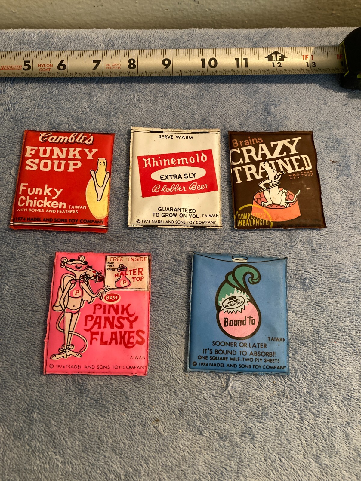 5 VINTAGE 1974 WACKY PACKAGES MAGNETIC SIGNS LOT FUNKY SOUP, PINK PANSY FLAKES