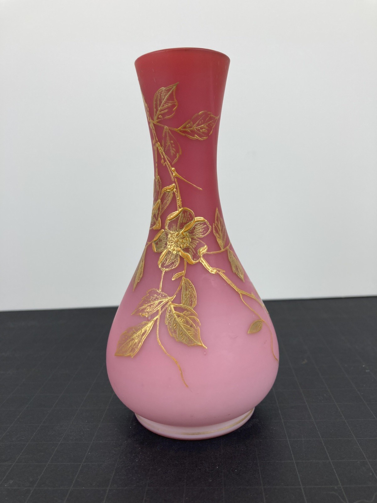 BEAUTIFUL NUMBERED HARRACH PEACH BLOW BUD VASE WITH ENAMELED GOLD FLOWERS  c1890