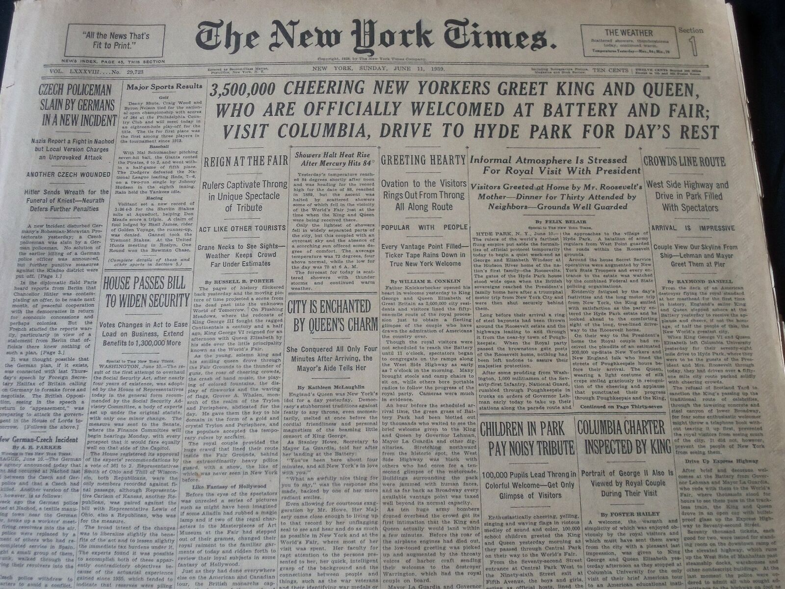 1939 JUNE 11 NEW YORK TIMES - 3.5 MILLION NEW YORKERS GREET KING QUEEN - NT 7281