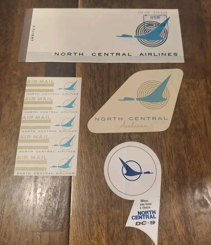 Vintage NORTH CENTRAL AIRLINES 1968 Lot Ticket Air Mail Sticker Luggage Label