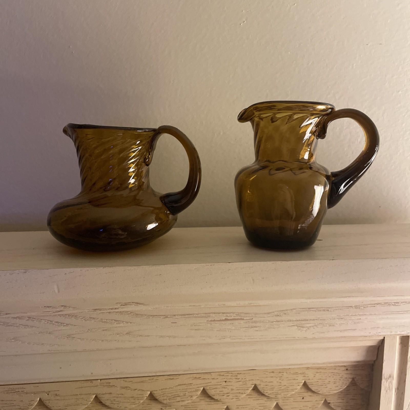 2 Hand Blown Vintage Amber Swirl Miniature Pitcher Creamer Vintage Set