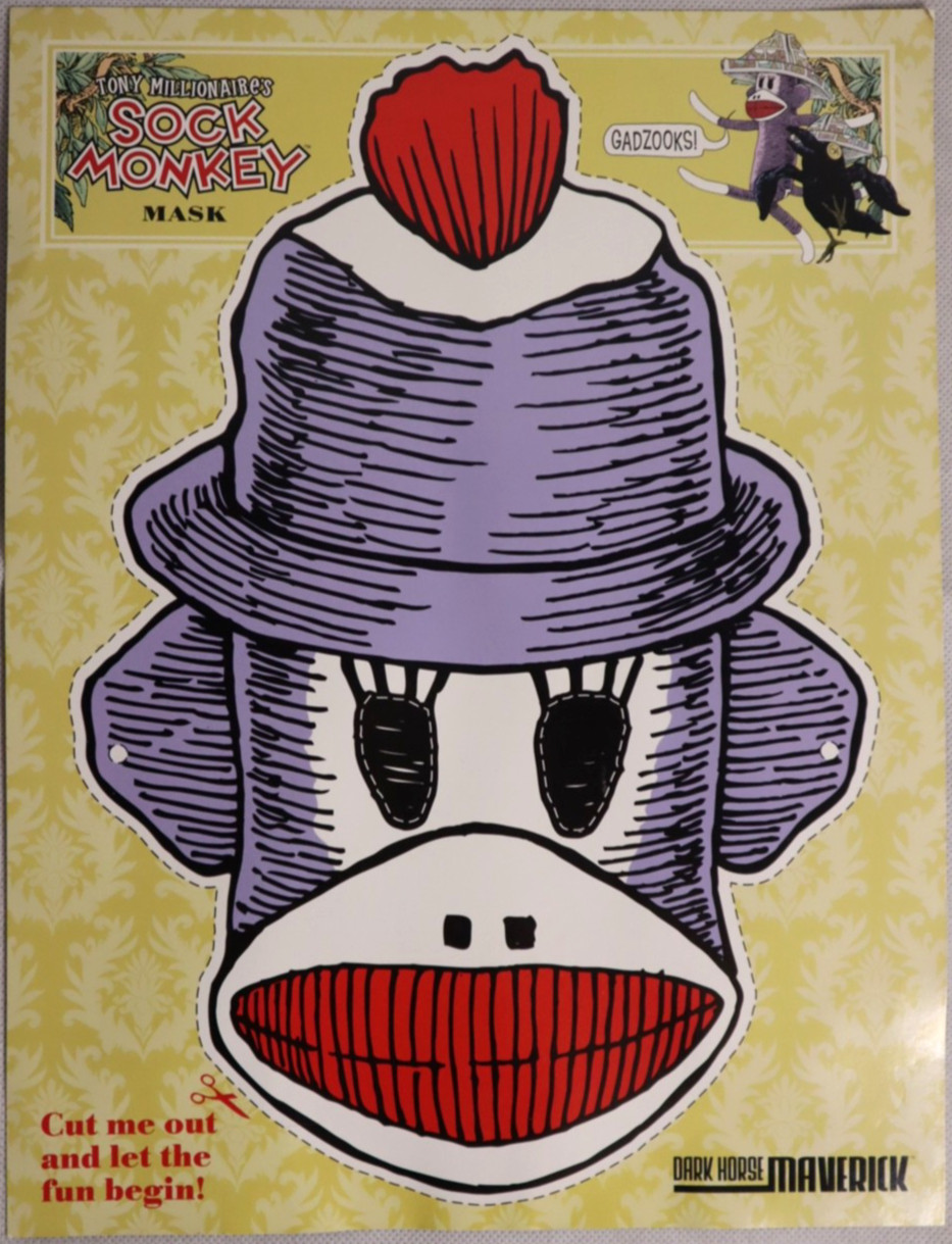 TONY MILLIONAIRE\'S SOCK MONKEY MASK VTG CUT-OUT SHEET 2001 DARK HORSE MAVERICK