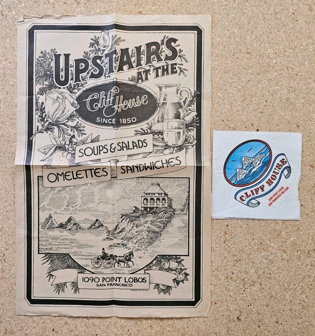 1980 SAN FRANCISCO UPSTAIRS CLIFF HOUSE OMELETTE PALACE RESTAURANT MENU & NAPKIN
