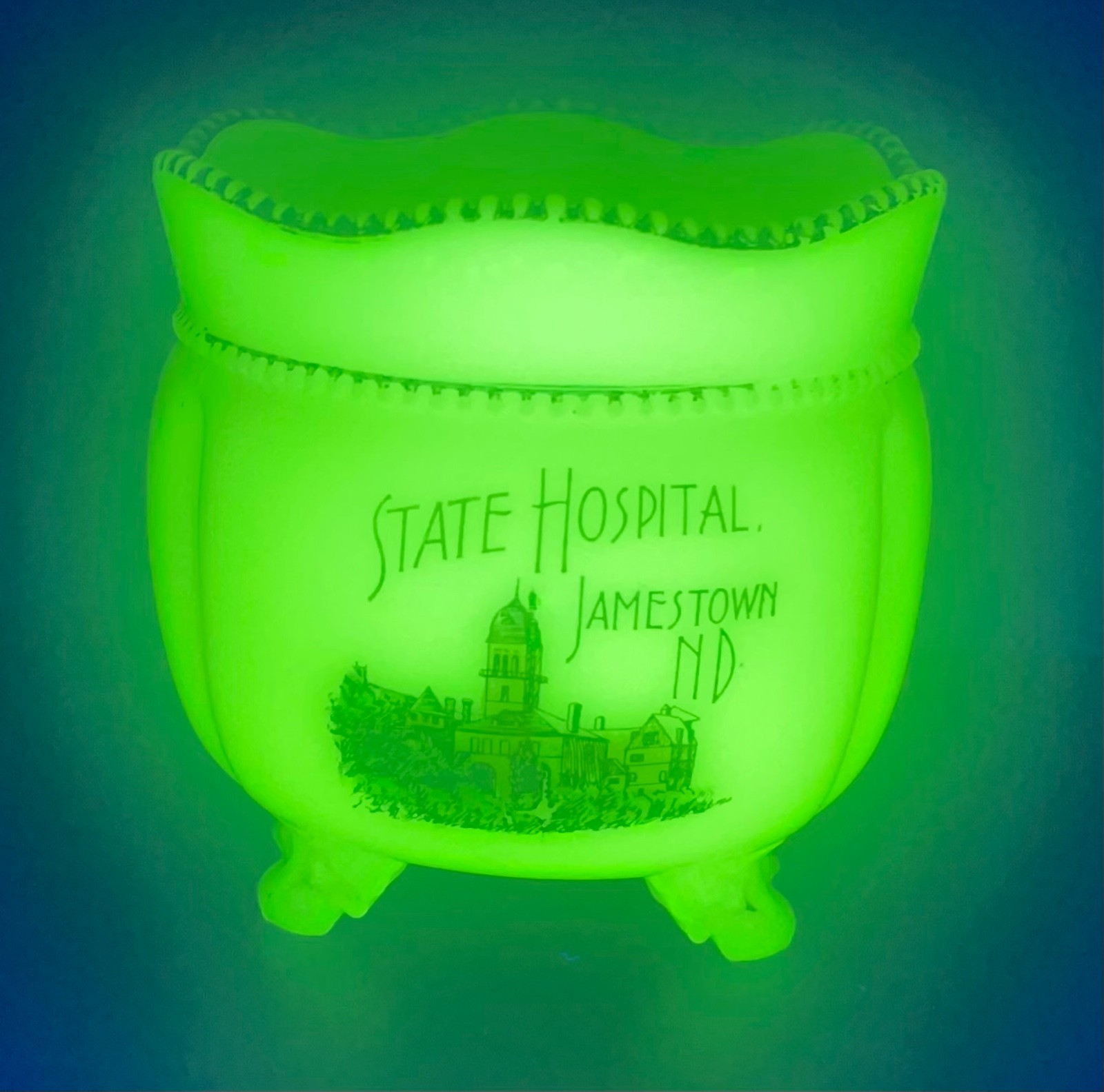 Antique EAPG dish bowl Souvenir Custard Uranium Glass Jamestown Hospital ND