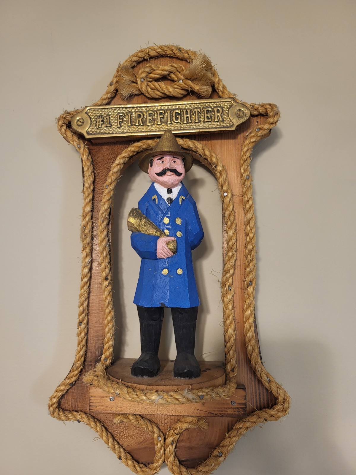 Vintage Hand Carved Wood Fireman Plaque Brass/Metal Helmet Mixed Media Folk Art