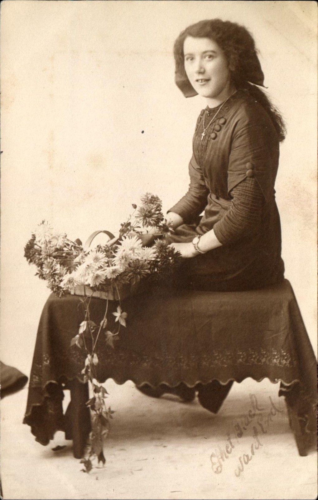 RPPC Ethel from West End London? England UK ~ studio real photo daisies c1915