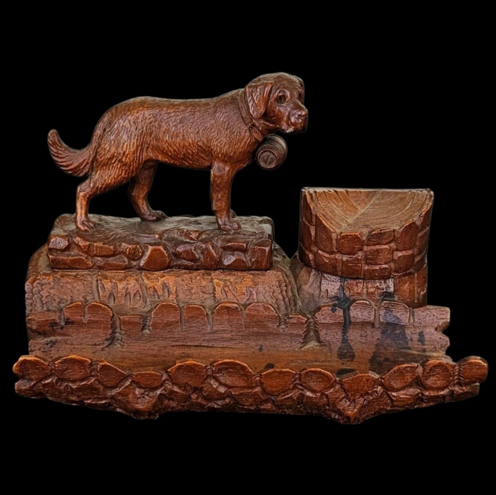 Antique 19thC Black Forest Schwarzwald Carved Wood St Bernard Dog Inkwell