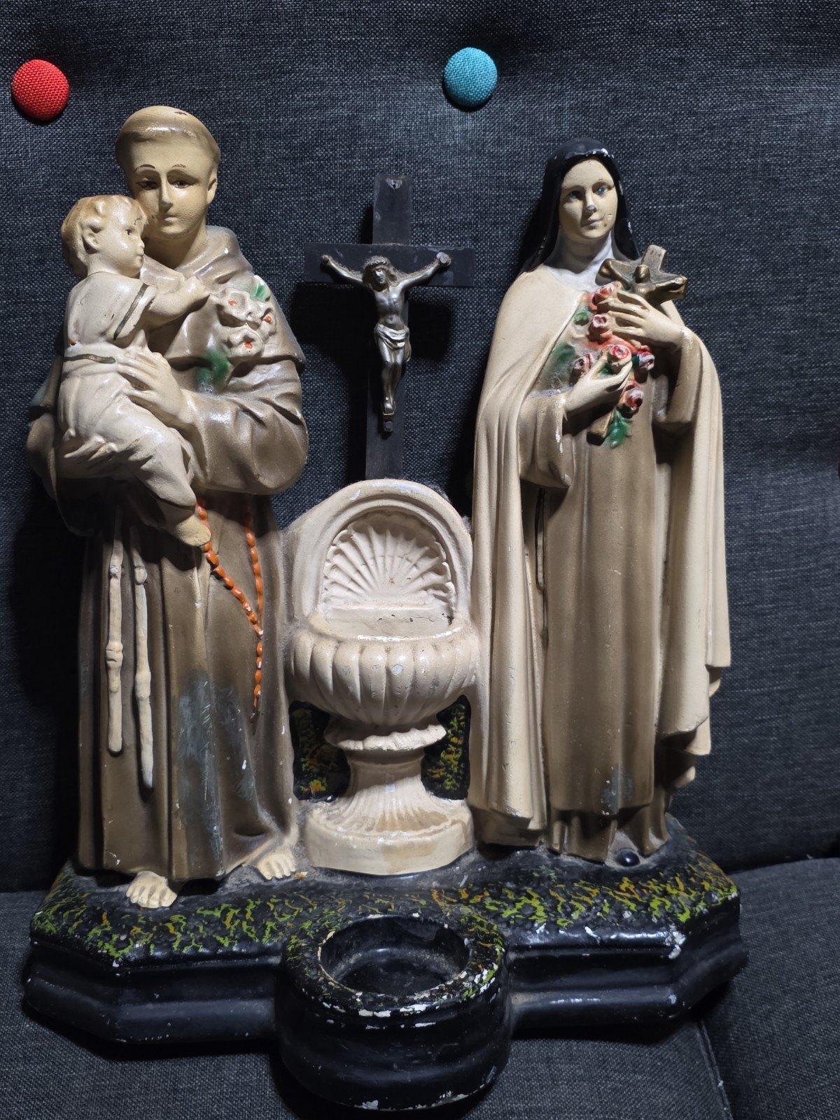 Vintage Catholic Chalkware Holy Water Font St Anthony Saint Therese Cross