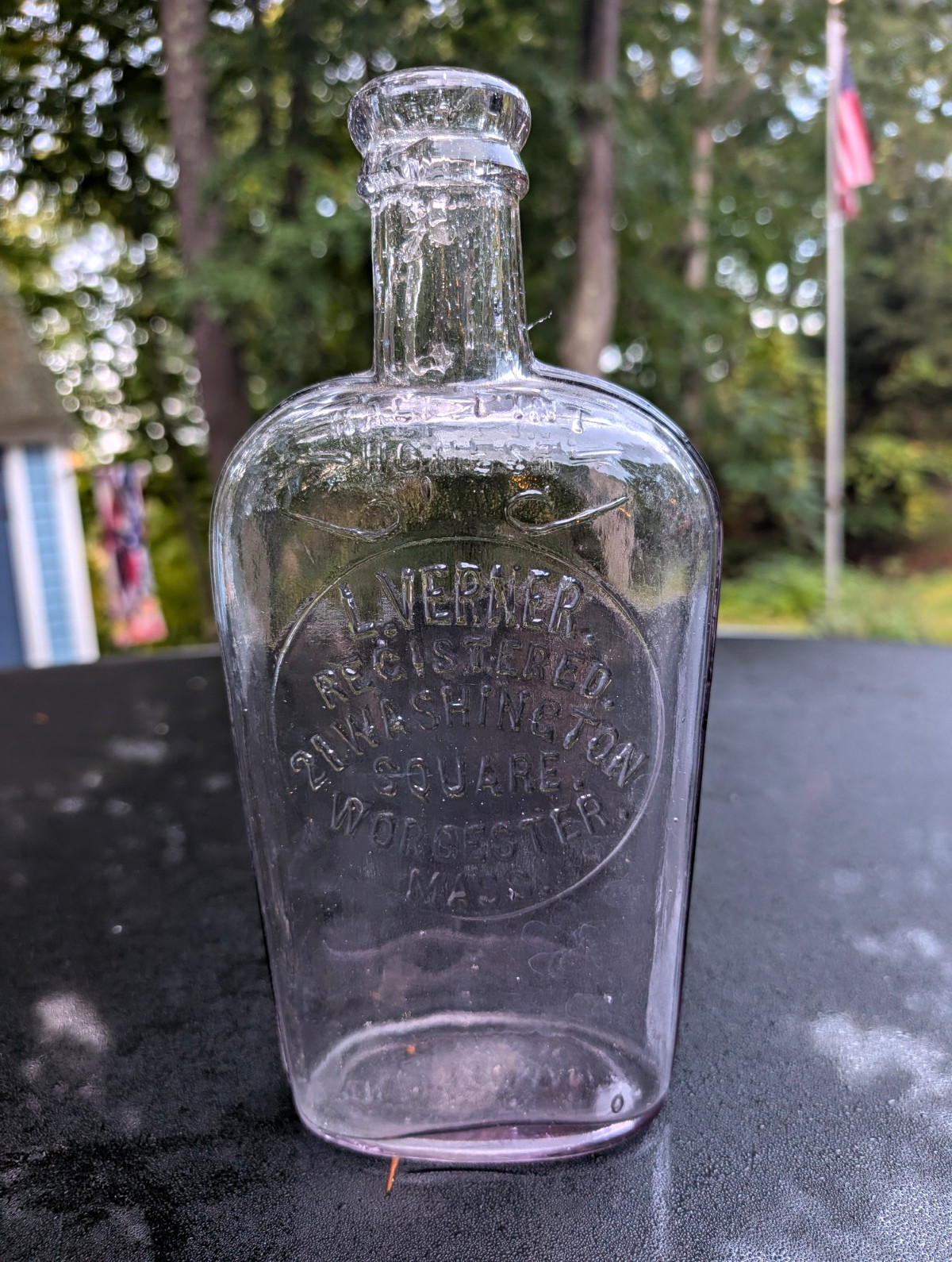 L. Verner Clear Embossed Flask, Washington Square Worcester MA. Half Pint,SCA