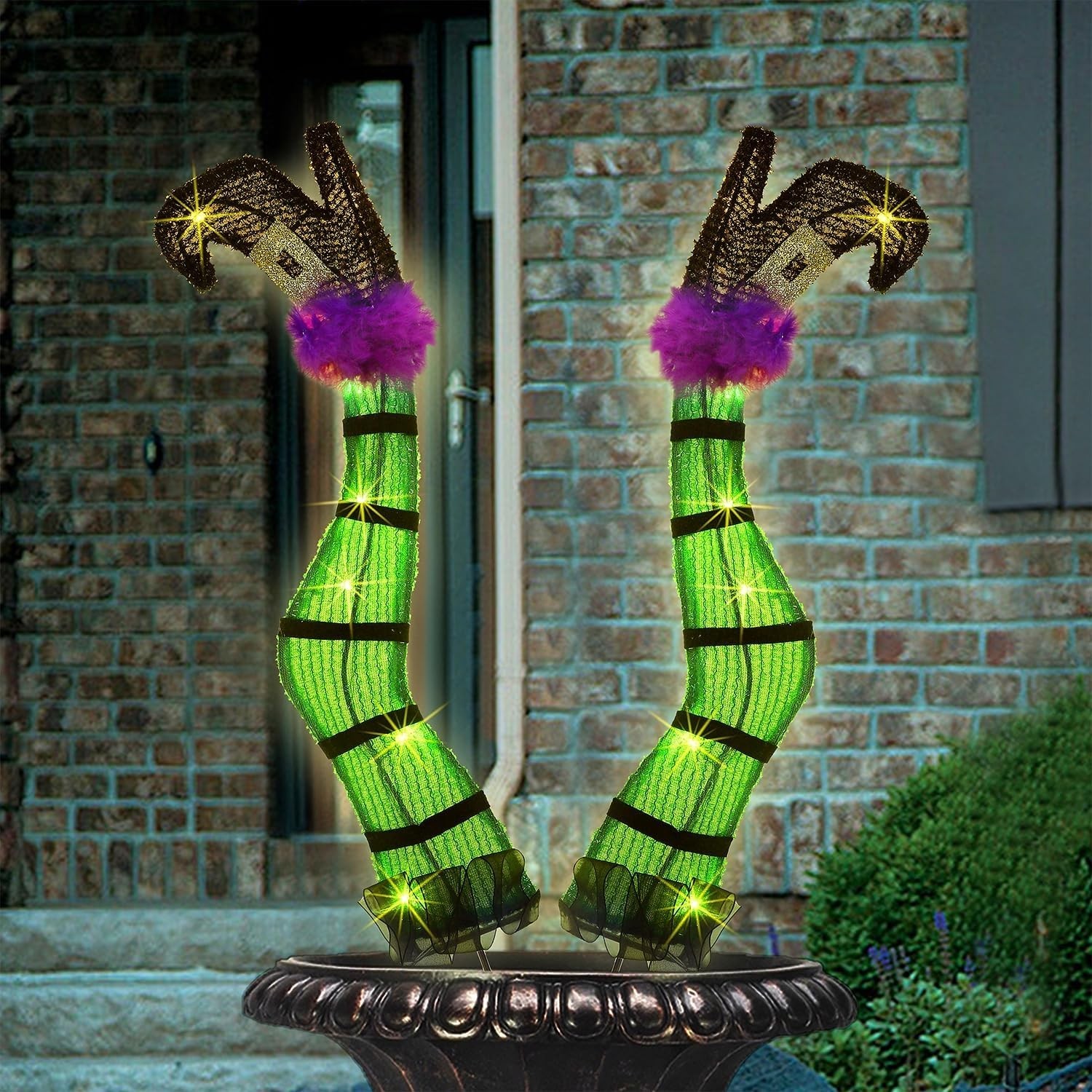 Set of 2 Halloween Lighted Wicked Green Witch Legs Stake with Bats, Light Up Tin