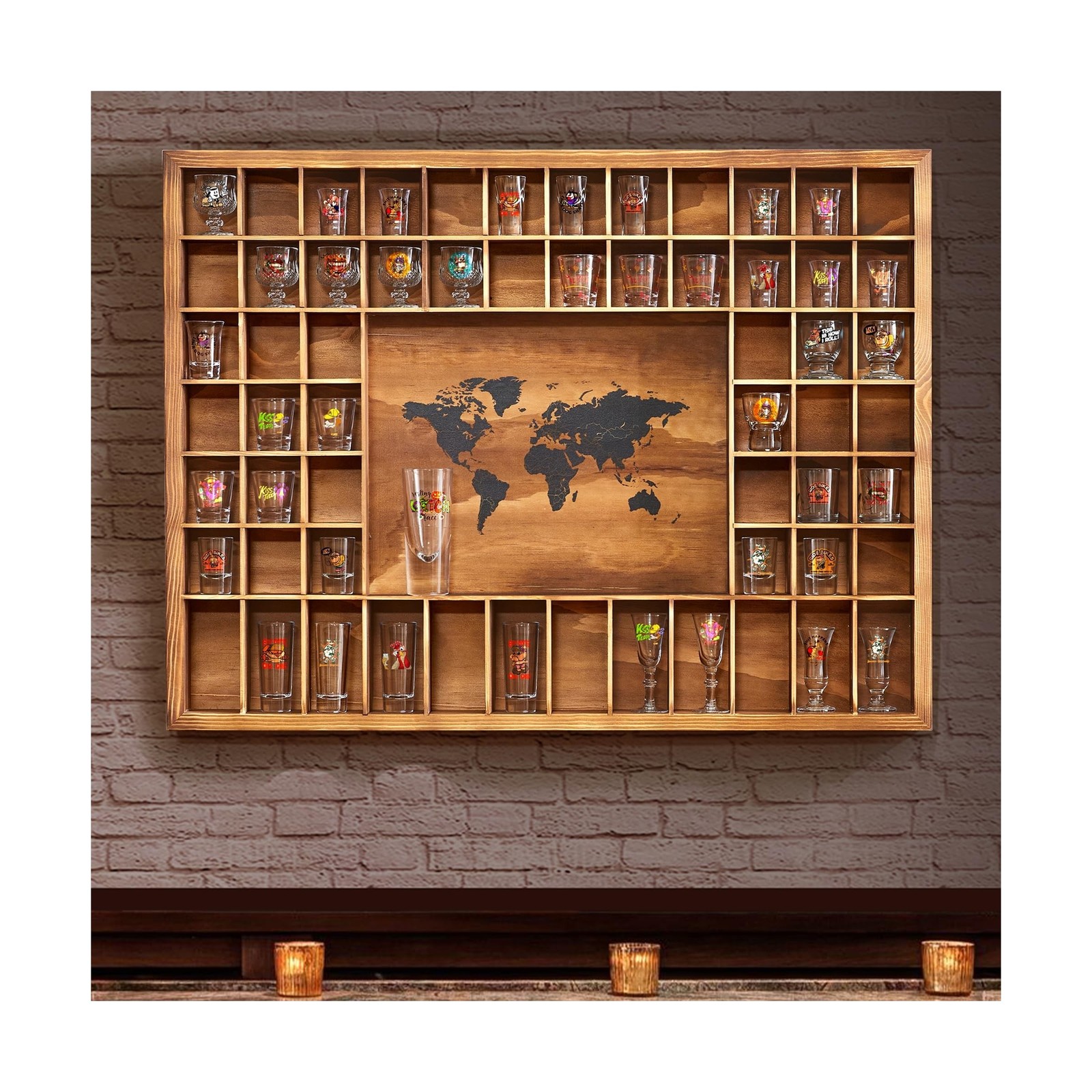 Large Shot Glass Display Case with World Map,60 Slots, 34 X 26 Inch Rustic Wo... Large Shot Glass Display Case with World Map,60 Slots, 34 X 26 Inch Rustic Wo...