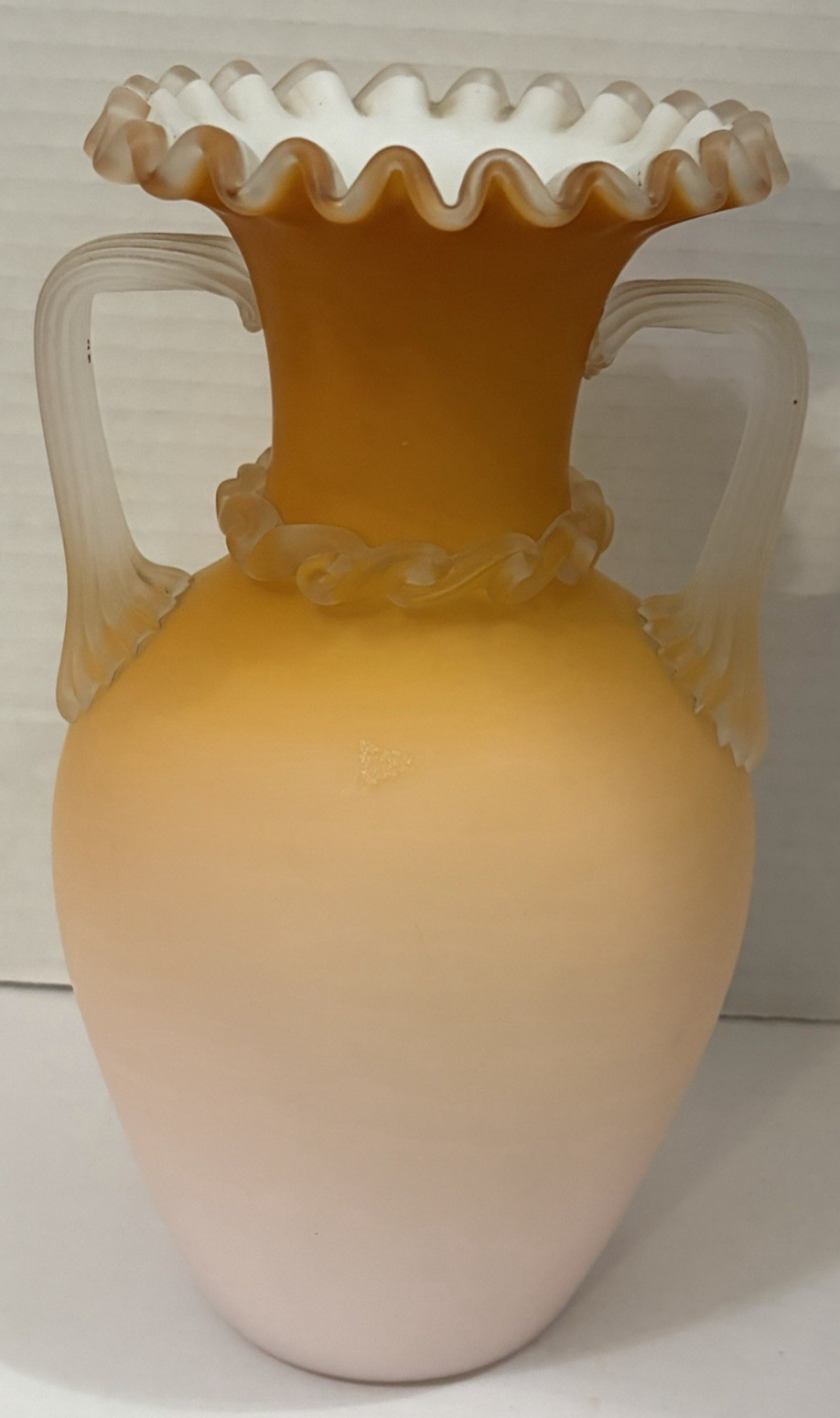 Vintage Victorian Peach Satin Glass Vase Ruffled Rim Art Glass Two Handled