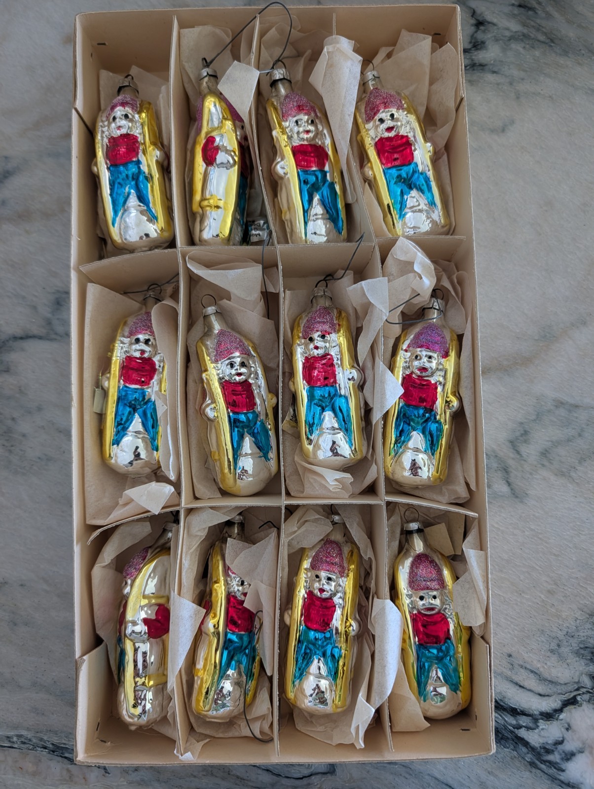 vtg Rare German Democratic Republic Glass Christmas Ornament Boy Sledding 12 pcs