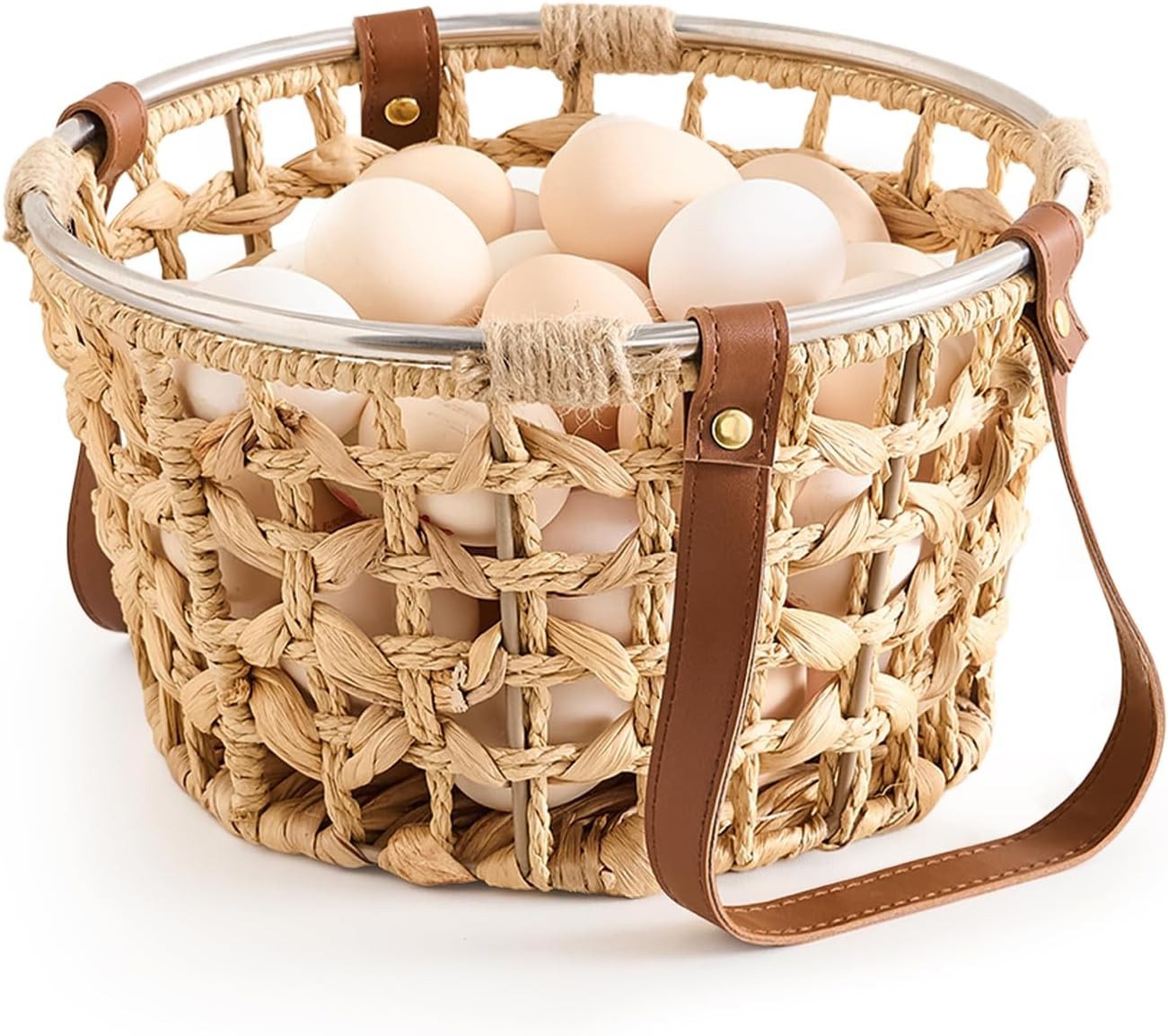 Farmhouse-style wicker egg basket for collecting fresh eggs.