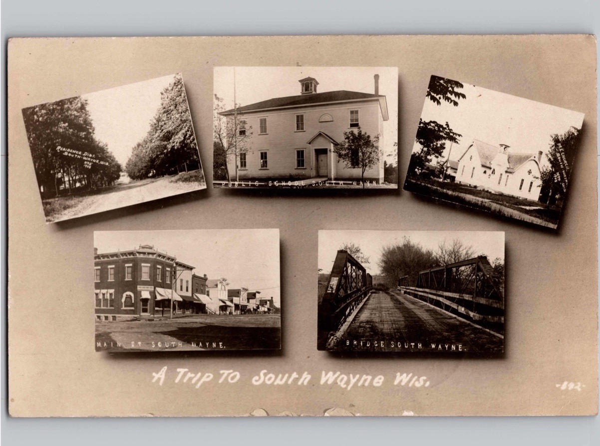 c1909 Multiview Main St Bridge & School South Wayne Wisconsin WI RPPC Postcard