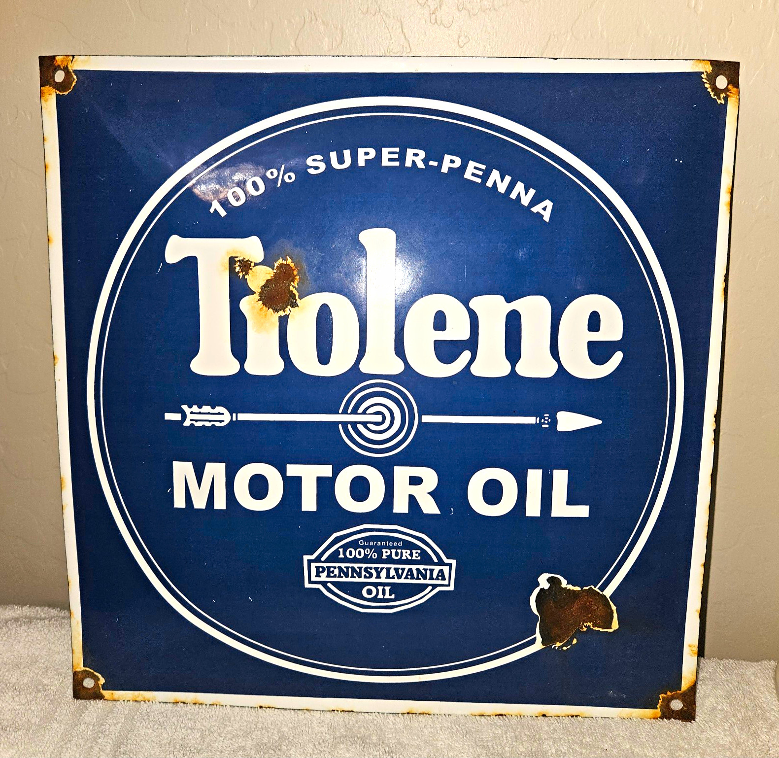 Tiolene Motor Oil Round Gas & Oil Metal Advertising Sign Blue White