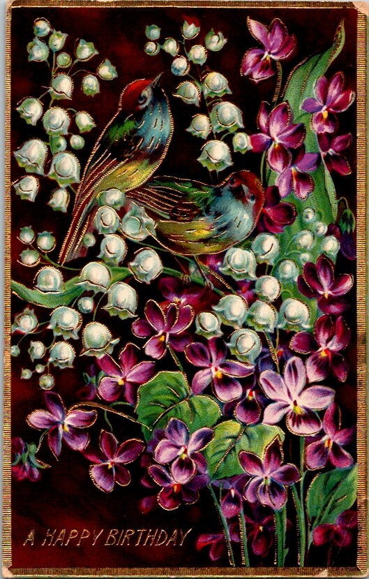 Postcard Happy Birthday Greetings Red & Blue Birds Inside a Floral Bouquet J-124