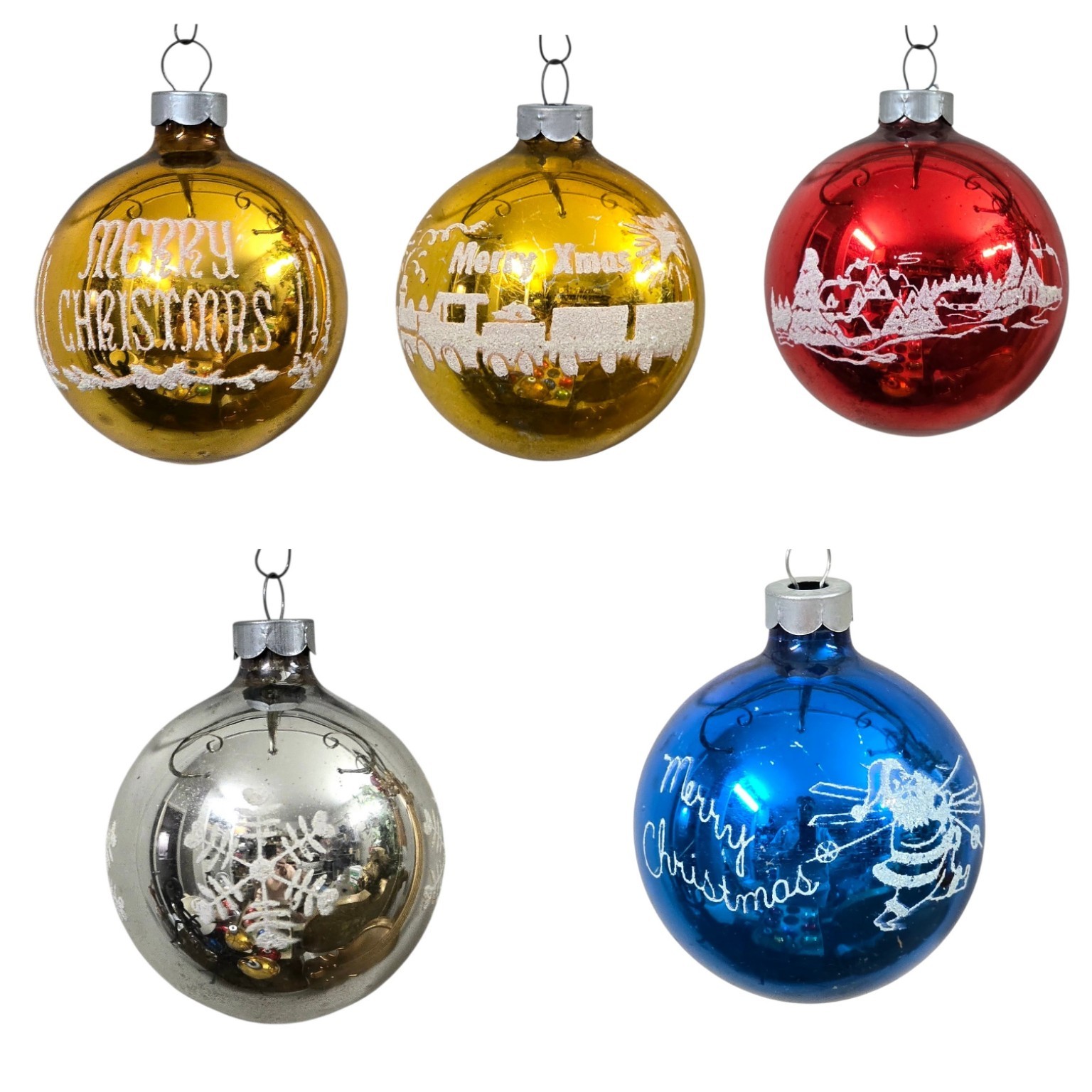 Vintage Franke Glass Christmas Ornaments Lot of 5 USA Merry Xmas Mica Stenciled 