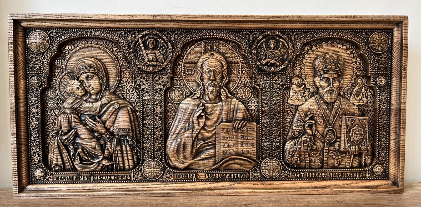Triptych Wooden Icon Wonderworker St Nicholas Holy Mary Jesus Christ 23.6  inch