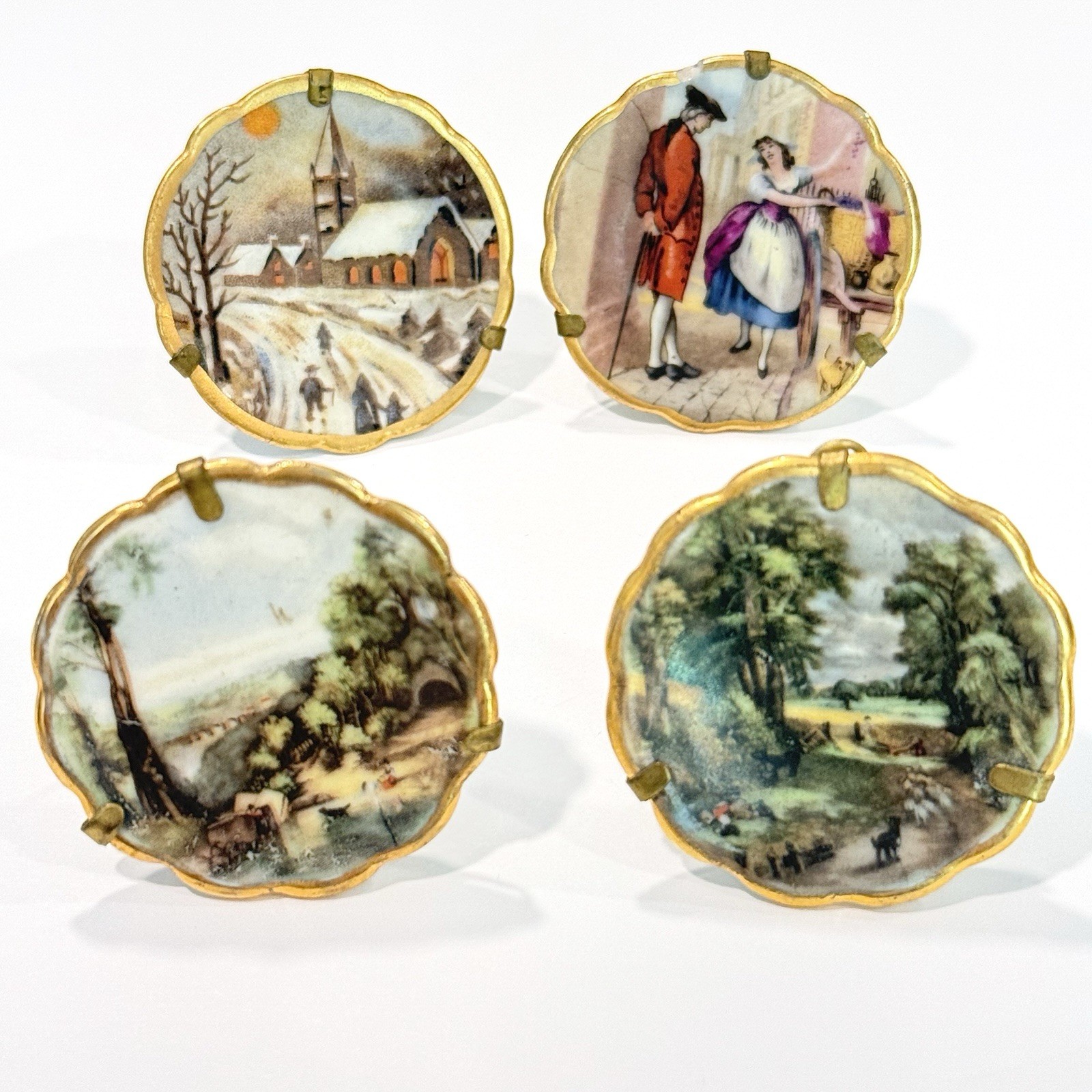 Vintage Limoges Miniature Plates Hand Painted Winter Scene & Nature Gold Trim 