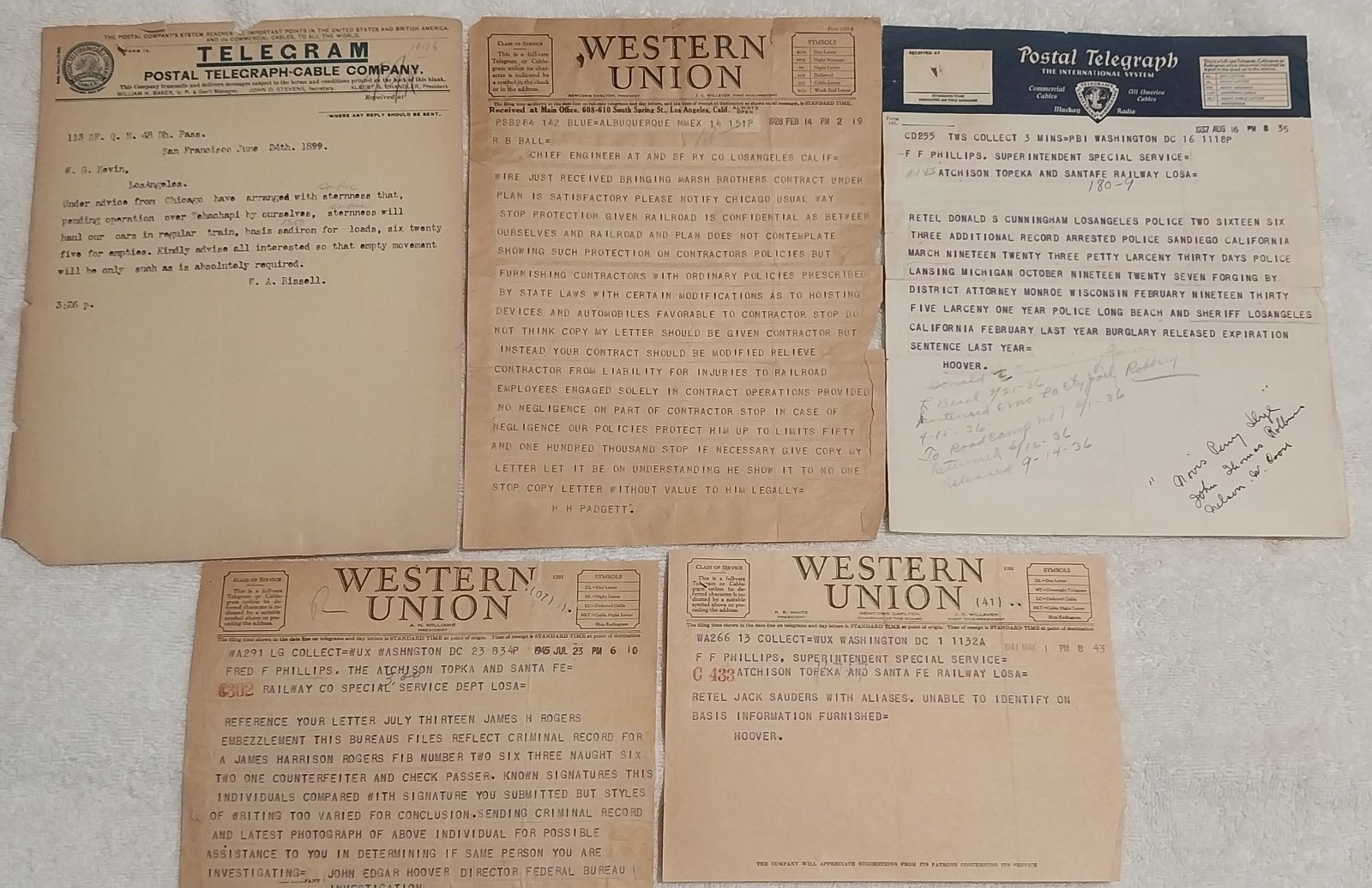 Antique Western Union/Postal Telegraph Co. Telegram Lot Of 5 JOHN EDGAR HOOVER