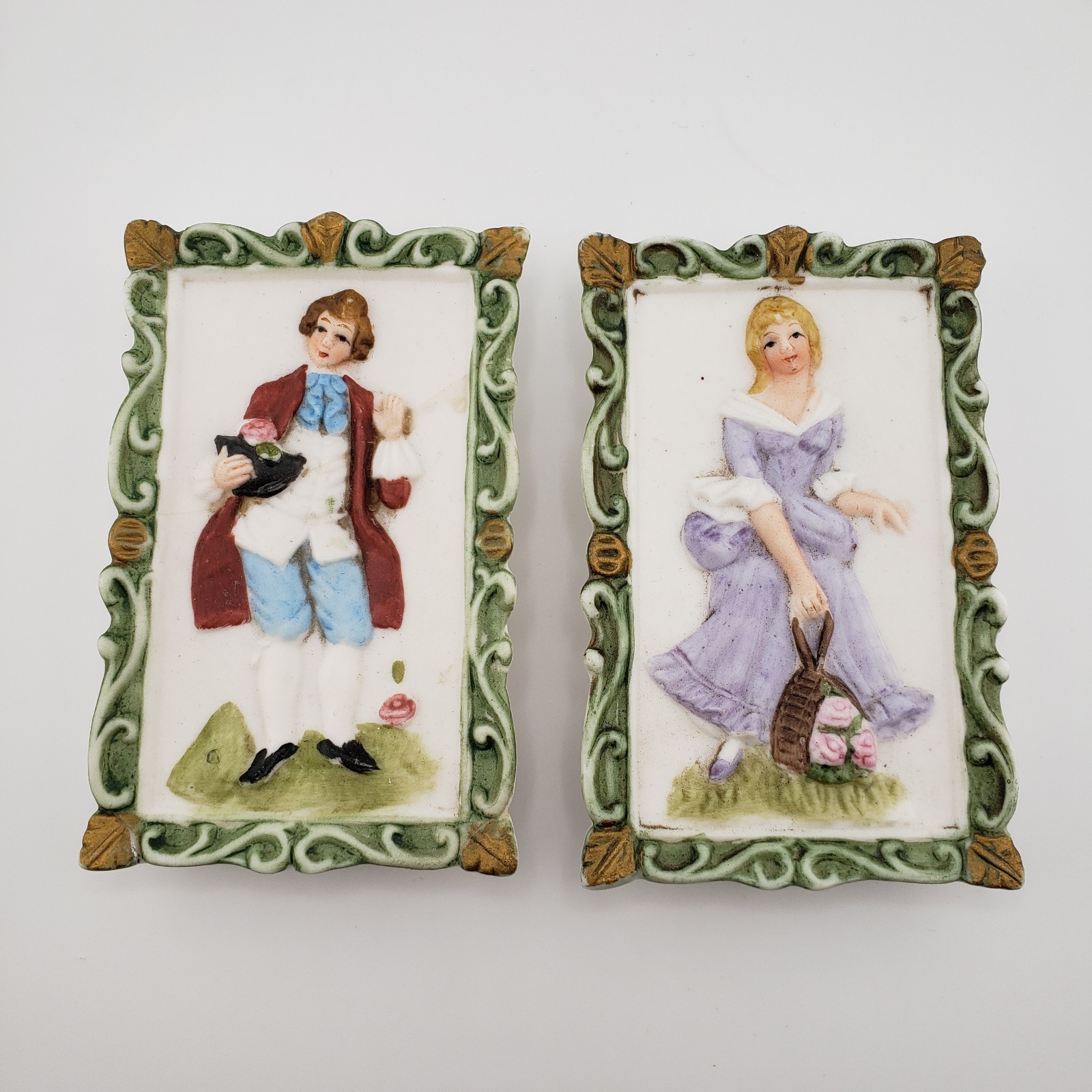 Set Of 2 Enesco 3D Bisque Porcelain Wall Plaques Colonial Lady Gentleman  VTG 