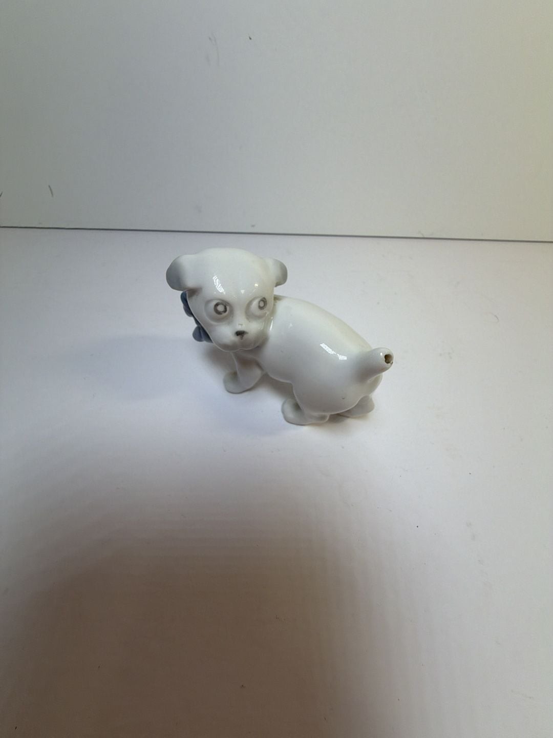 Vintage Porcelain Puppy Dog Figurine with Blue Bow Made in Germany