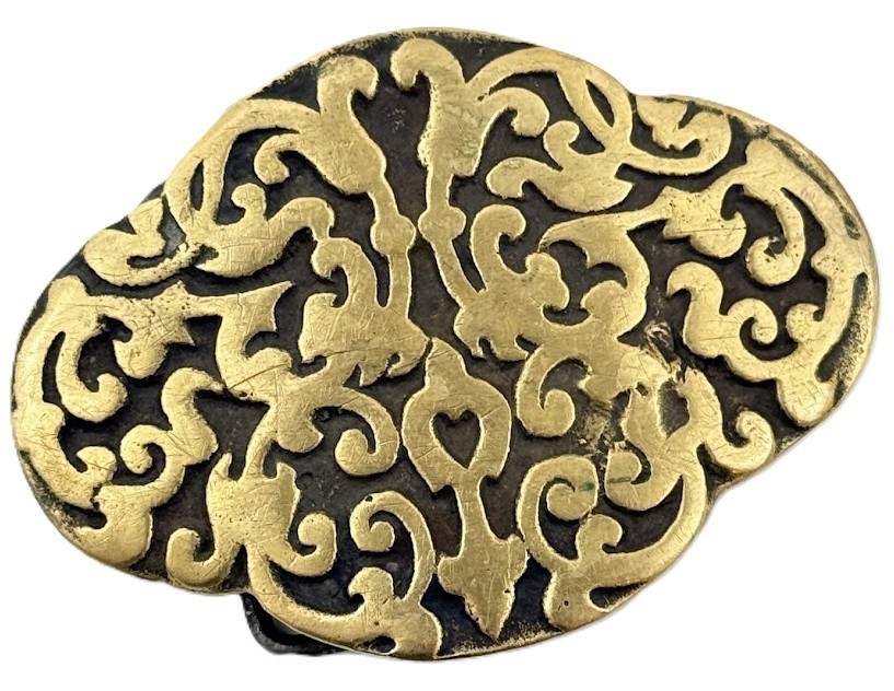 Vtg Solid Brass Ornate Scroll Filigree Western Belt Buckle Handmade Artisan