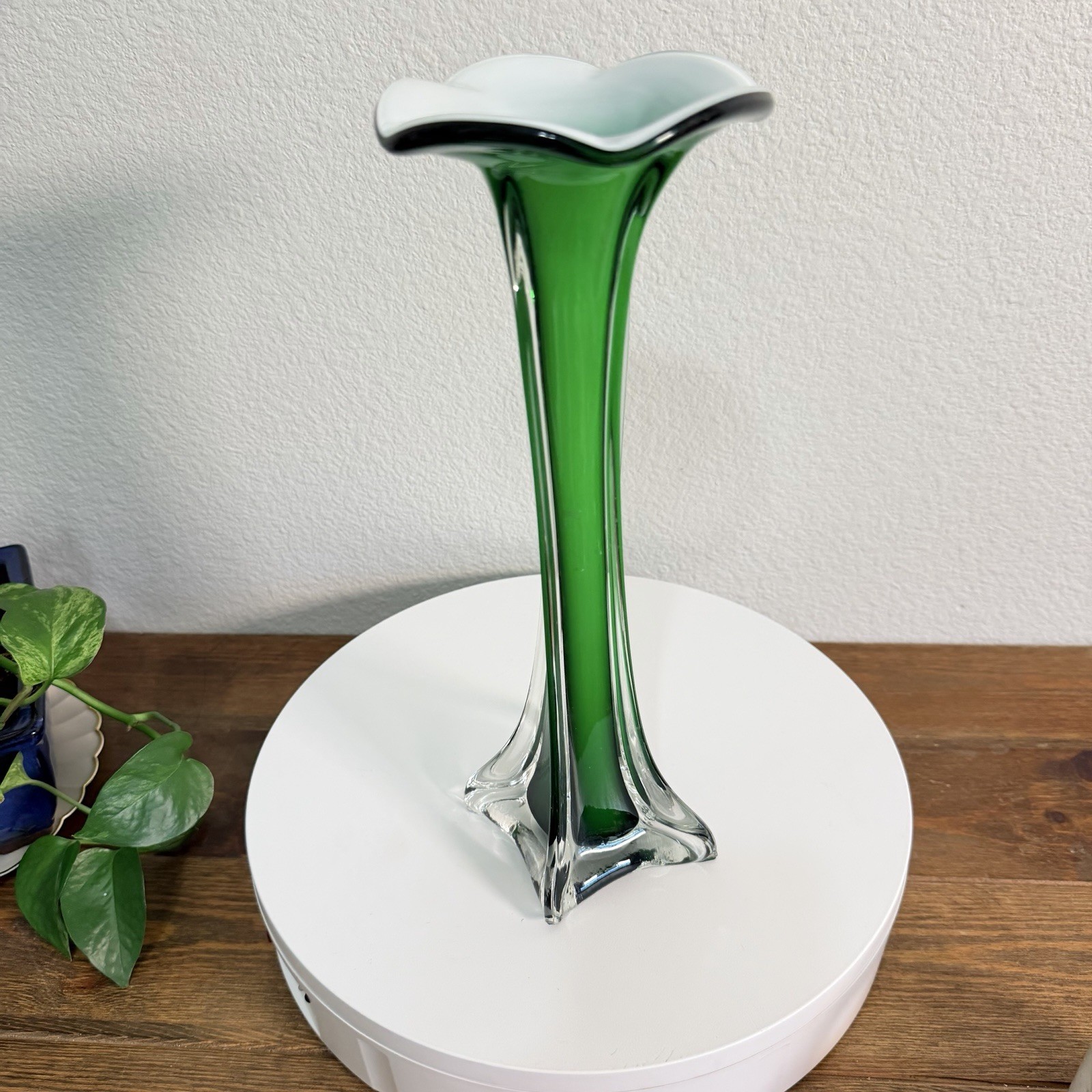 Emerald Green White Murano Style Cased Glass Tulip Vase Fluted Trumpet Vintage