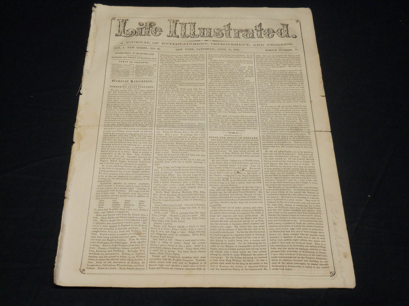 1856 APRIL 26 LIFE ILLUSTRATED NEWSPAPER - PETER THE GREAT - NP 4858