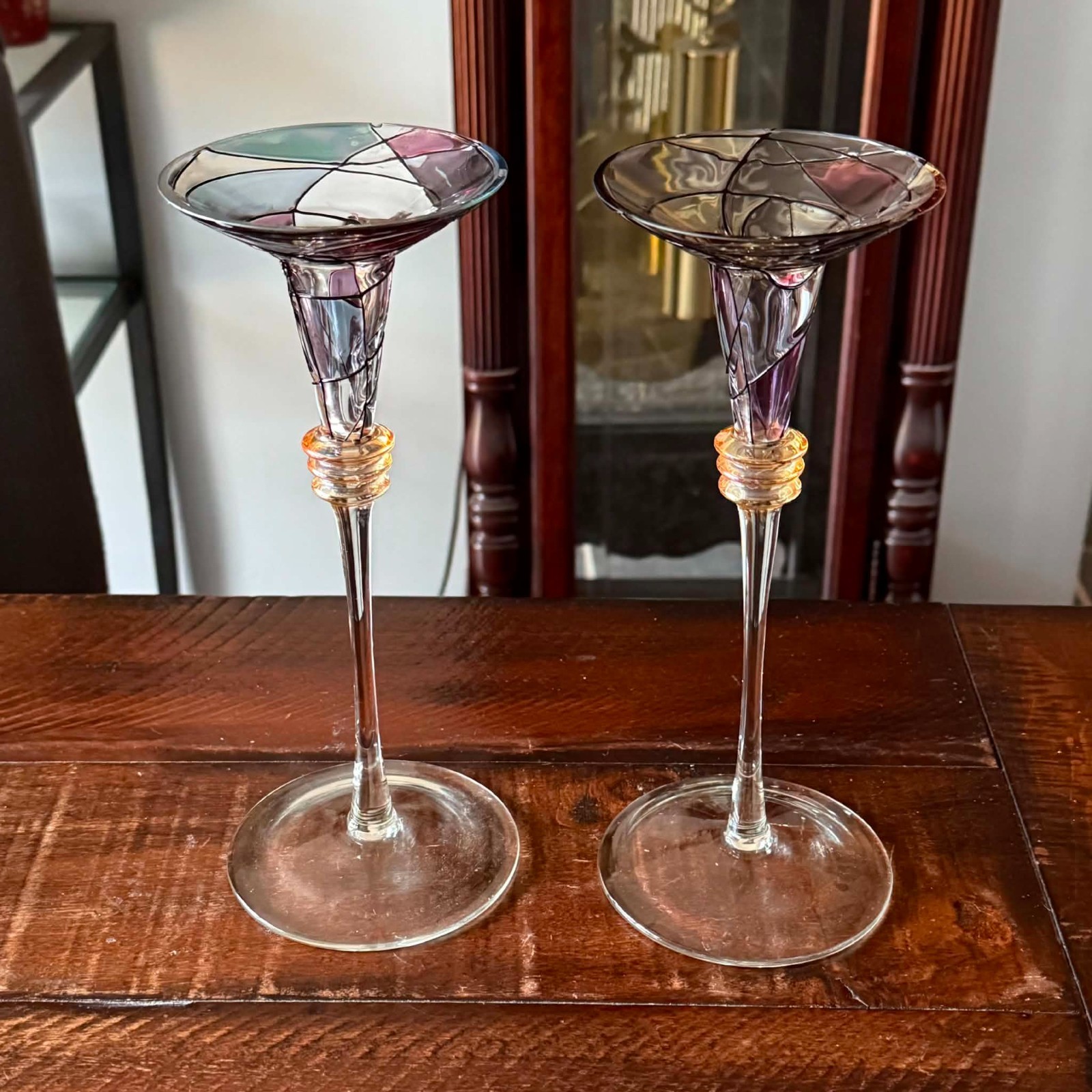 PartyLite Calypso Mosaic Set of 2 Stained Glass Taper Candle Stick Holders 9.5\